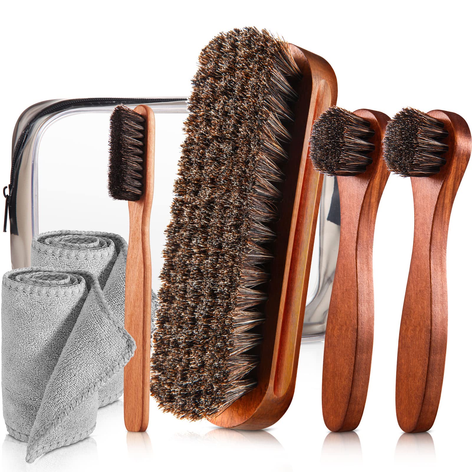 7 Pcs Horsehair Shine Shoes Brush Kit Polish Dauber Applicators Cleaning Leather Shoes Boots Care Brushes Suede Cleaner Brush with Microfiber Shoe Cloth (7.6 Count)