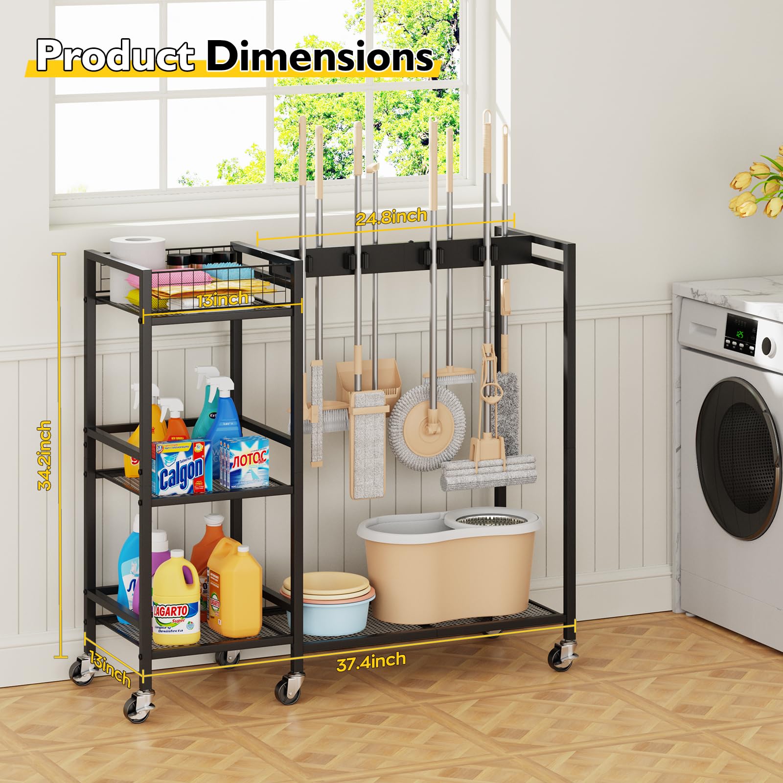 Broom Holder with Cleaning Supplies Organizer
