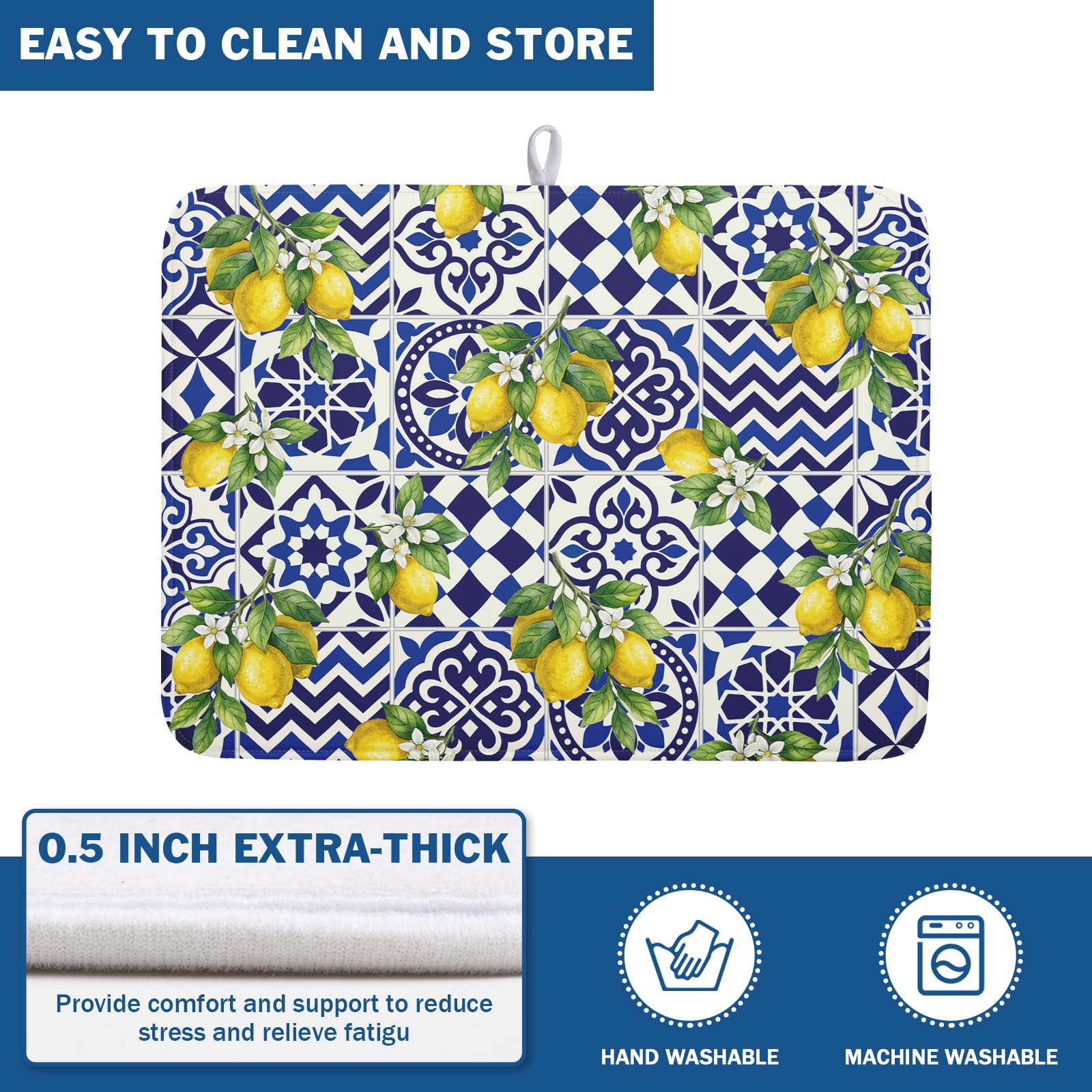 Lemon and Blue Tile Dish Drying Mat 18x24 Inch Absorbent Reversible Mexican Tilt Drying Mat Blue White Italy Lemons Dish Drying Rack Mat Summer Themed Dish Drainer Mat for Kitchen Counter Coffee Bar