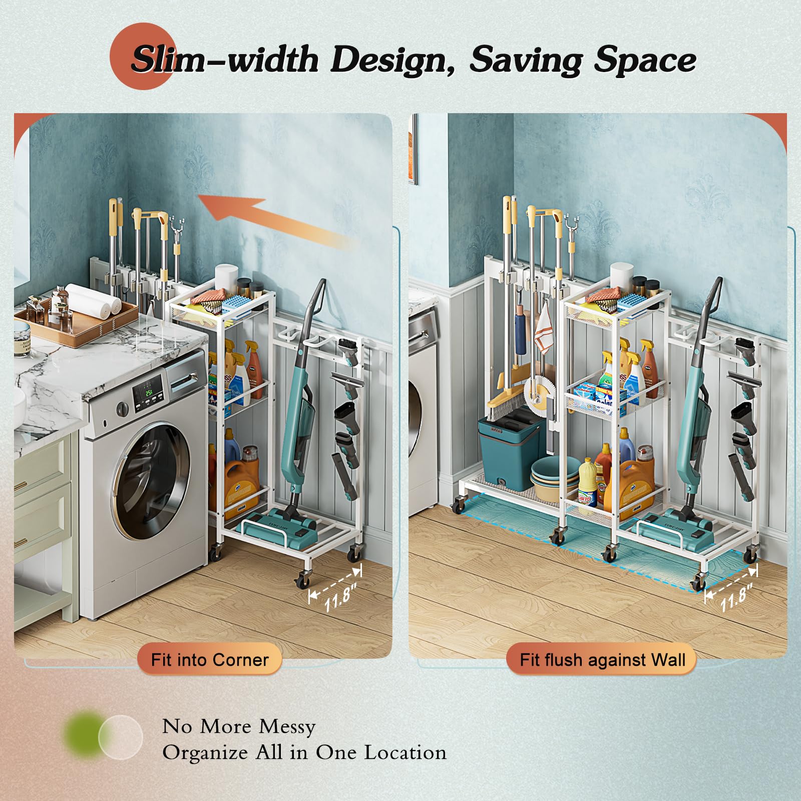 Broom Holder with Cleaning Supplies Organizer