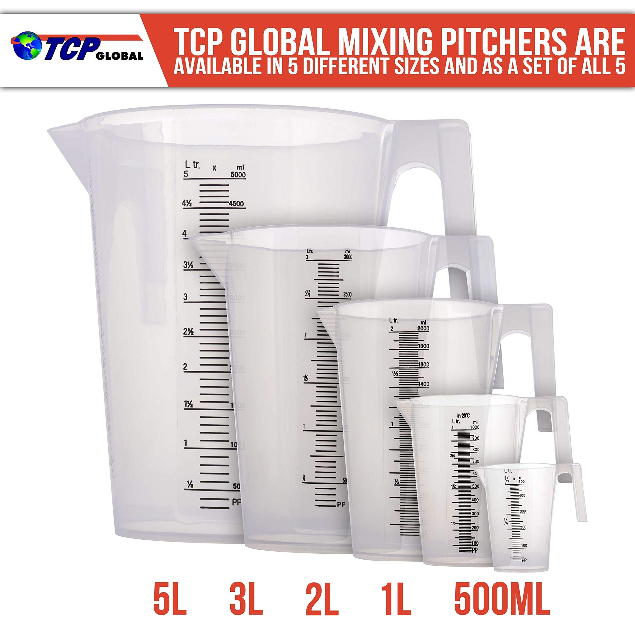 1/2 Liter (500ml) Plastic Graduated Measuring and Mixing Pitcher (Pack of 6) - Holds Over 1 Pint (16oz) - Pouring Cups, Measure & Mix Paint, Resin, Epoxy, Kitchen Cooking Baking Ingredients (6 Count)