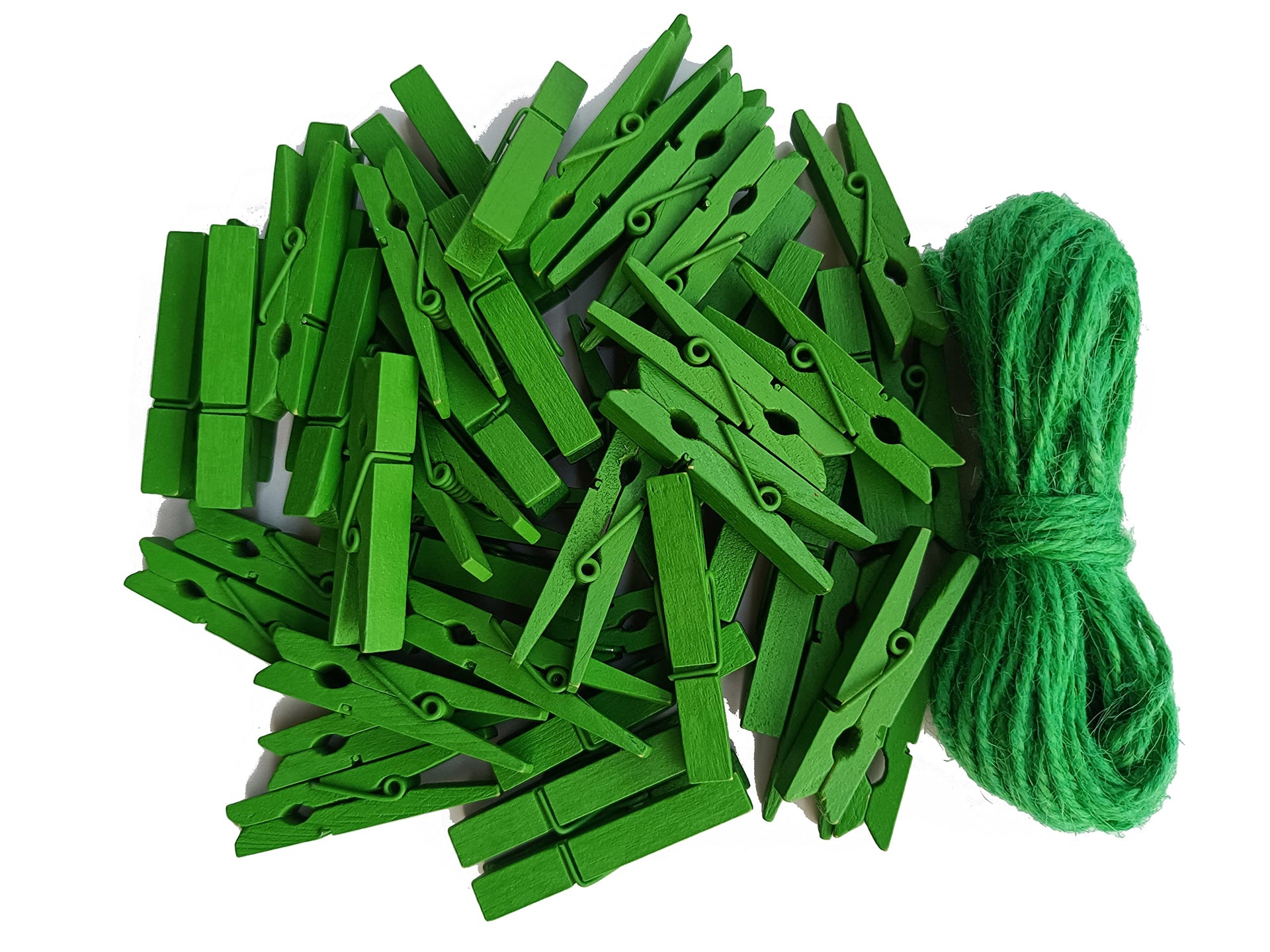 1.9 Inch Green Wooden Clips with Jute Twine Display Artwork DIY Craft Project Photo Garland Travel Clothespins Pack 50 (50 Count)