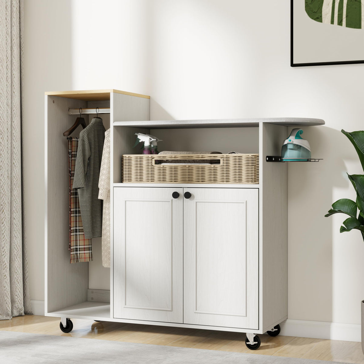 Multipurpose Rolling Ironing Board with Storage Cabinet