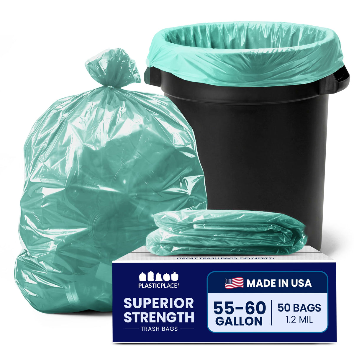 55 60 gallon Trash Bags │ 1.2 Mil │ Green Heavy Duty Garbage Can Liners │ 38” x 58” (50 Count)