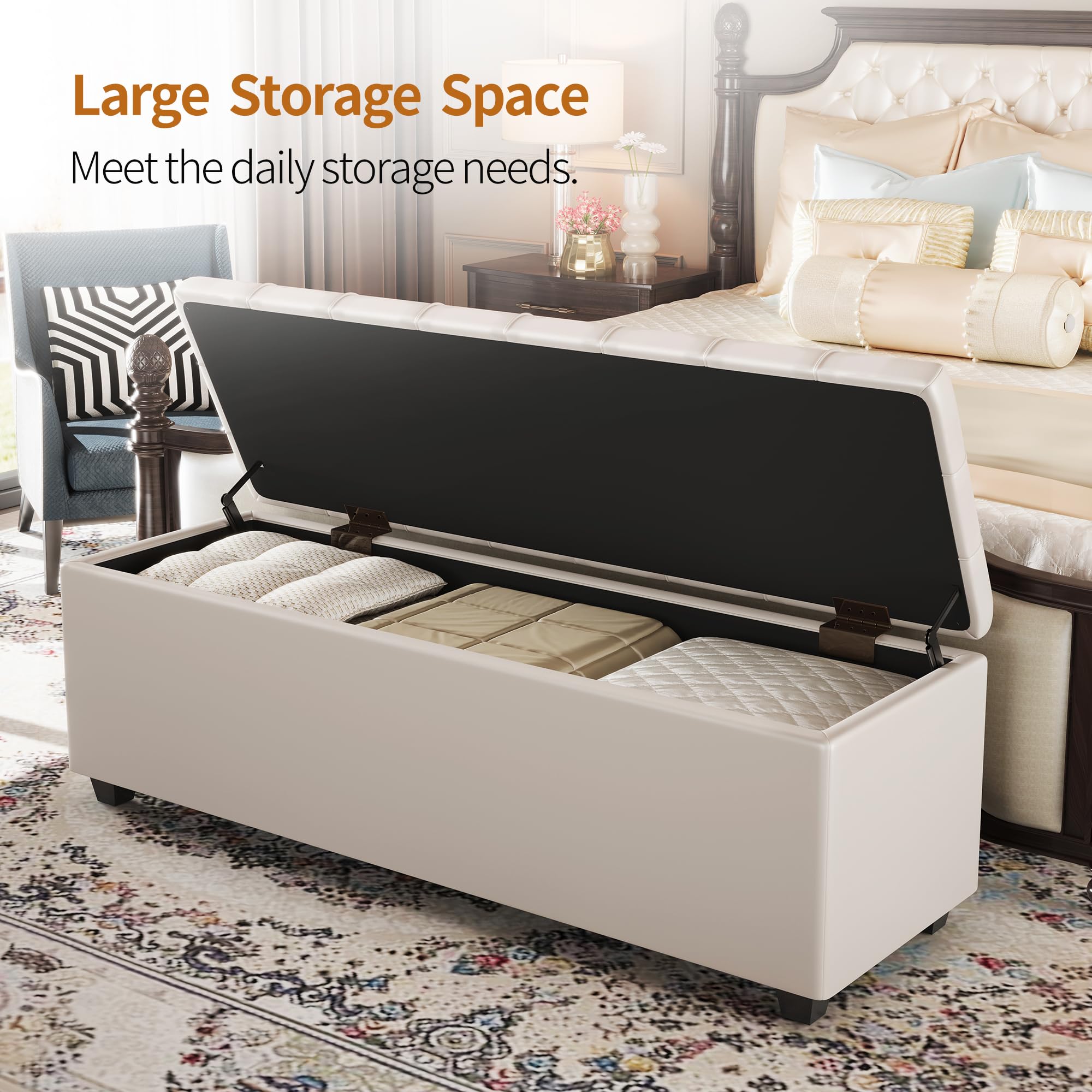 38" White Faux Leather Ottoman Storage Bench with Hinged Lid and Foot Rest