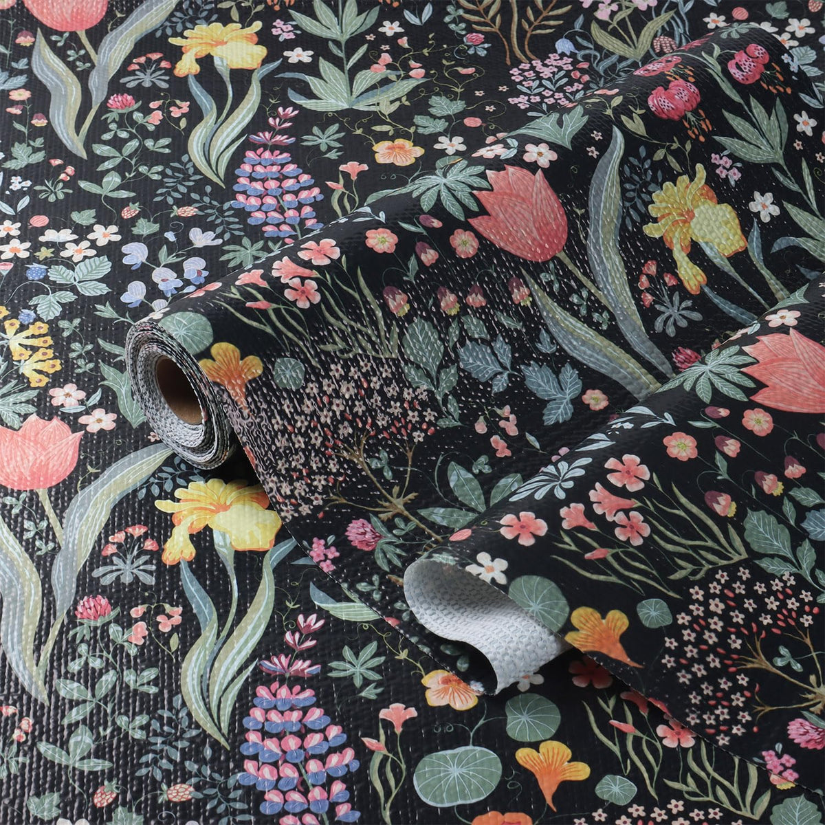 Black Floral Shelf Drawer Liners Non