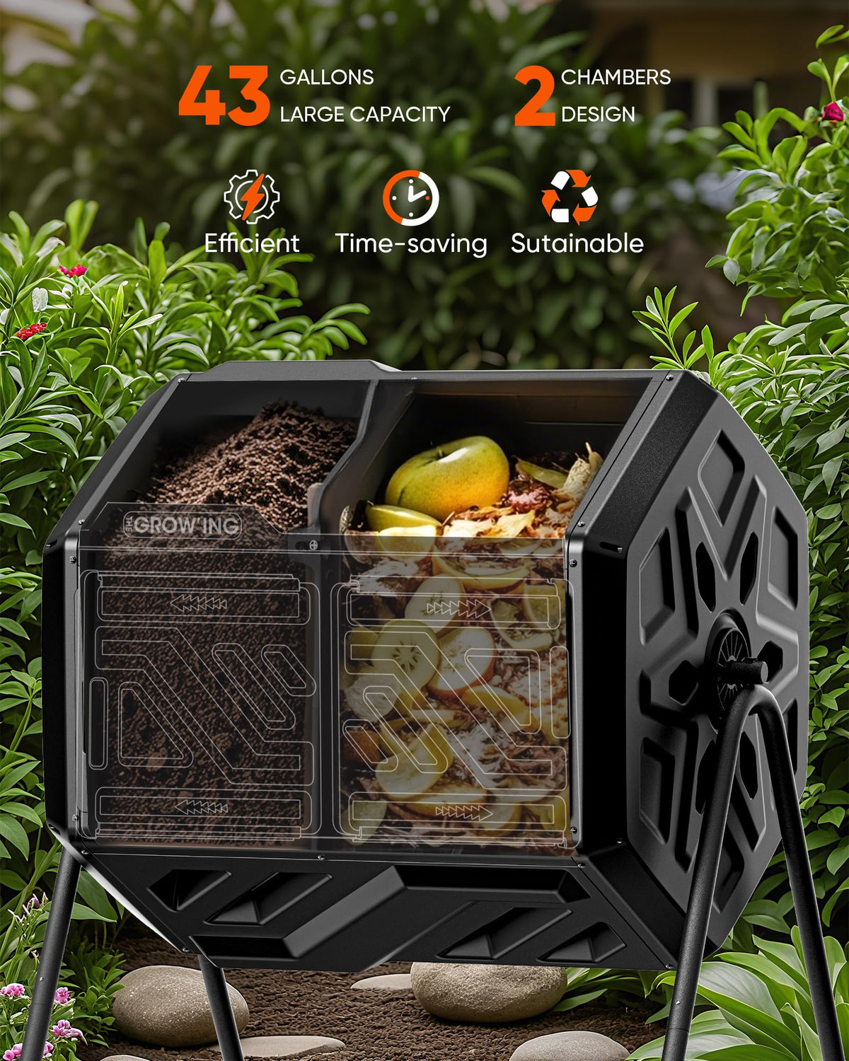 THE Growing 43 Gal Outdoor Compost Bin Tumbler for Backyard Garden