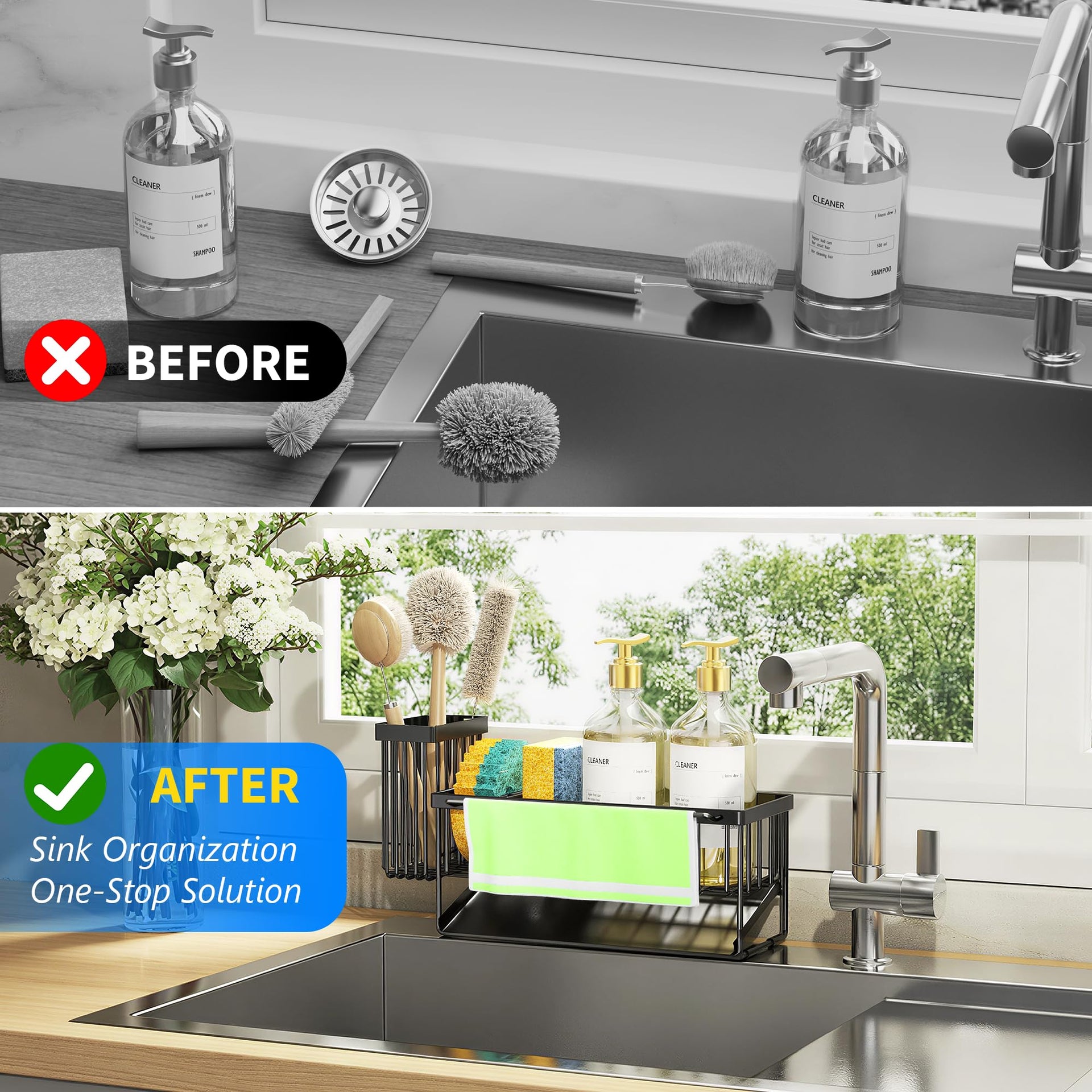 Kitchen Sink Caddy Organizer with High Brush Holder