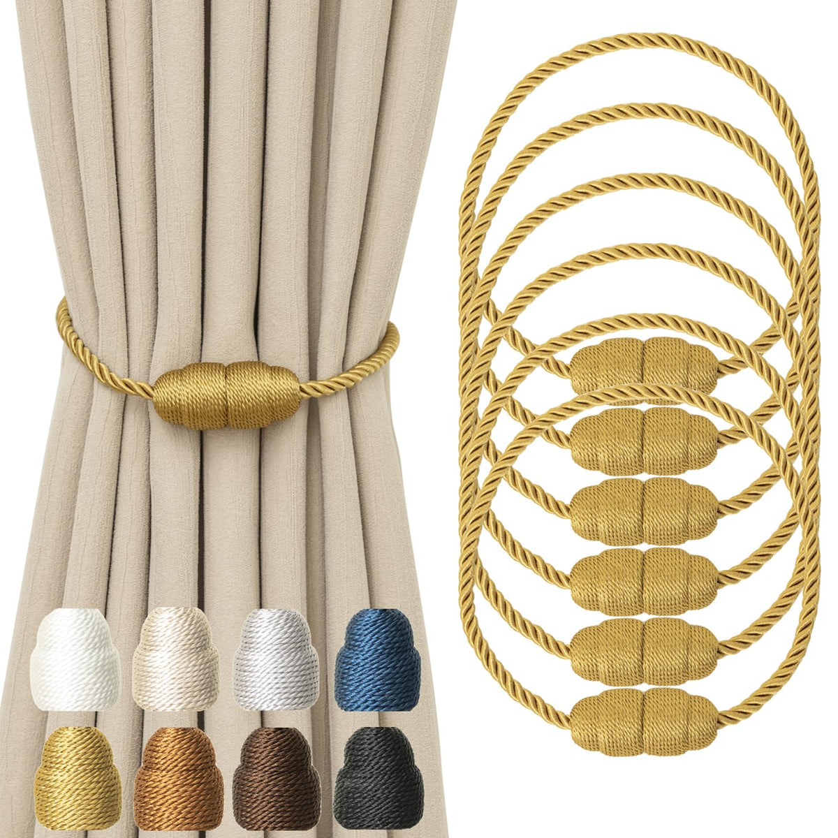 Magnetic Curtain Tiebacks Rope Curtain Tie Backs for Curtains 6 Pack Curtain Holders for Drapes Decorative Window Curtain Holdbacks (6 Count)