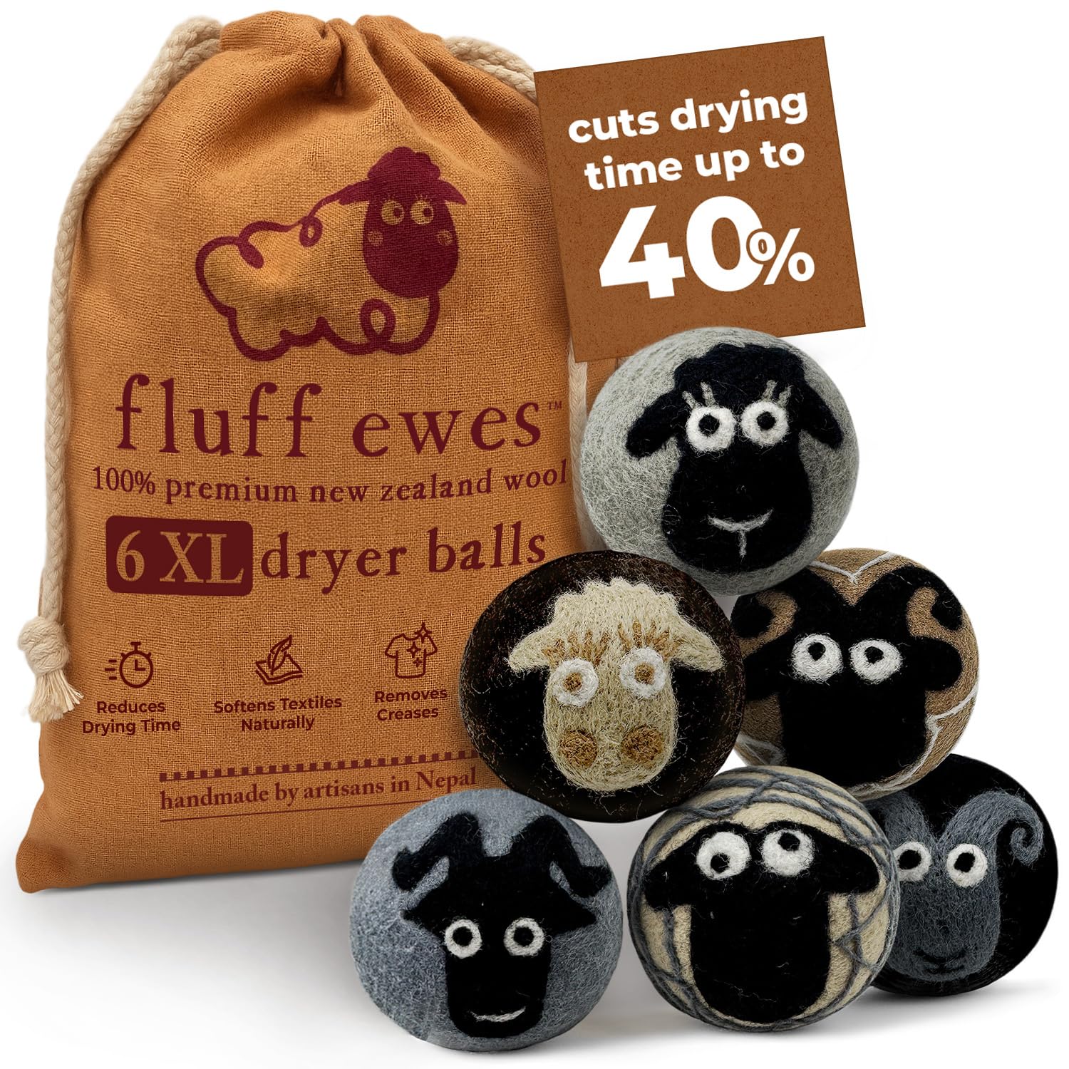 Fluff Ewes Wool Dryer Balls 6 Pack (6 Count)