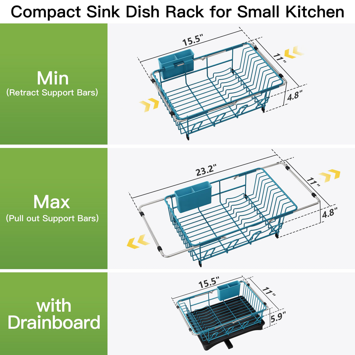 Blue Dish Drying Rack in Sink with Drainboard and Utensil Holder