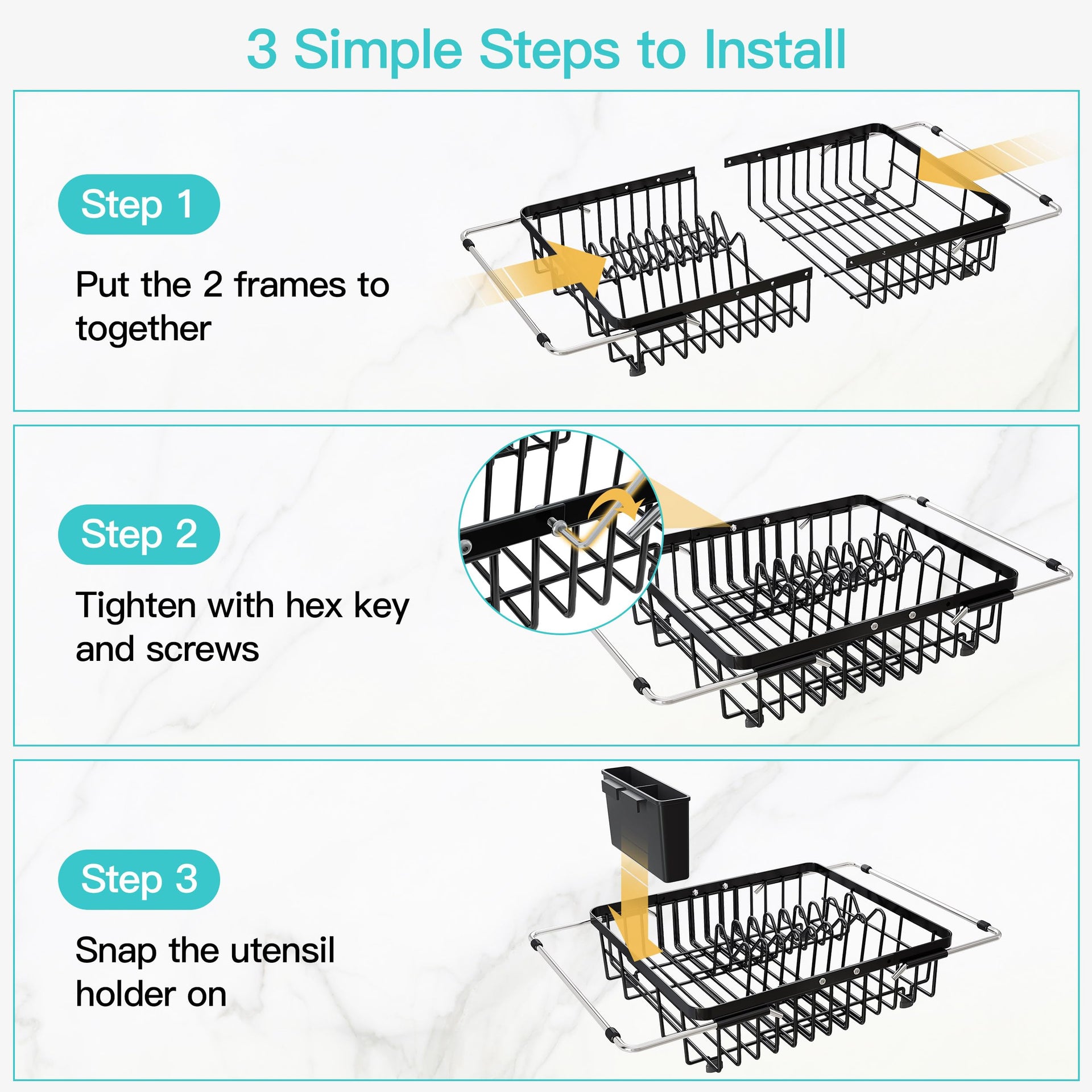 Black Dish Drying Rack Over the Sink with Utensil Holder