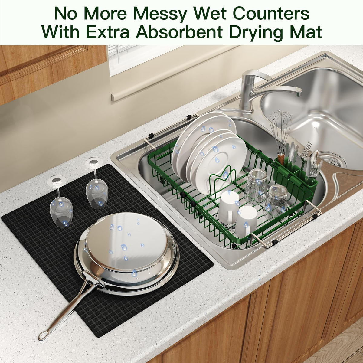 Green Dish Drying Rack Over The Sink with Utensil Holder