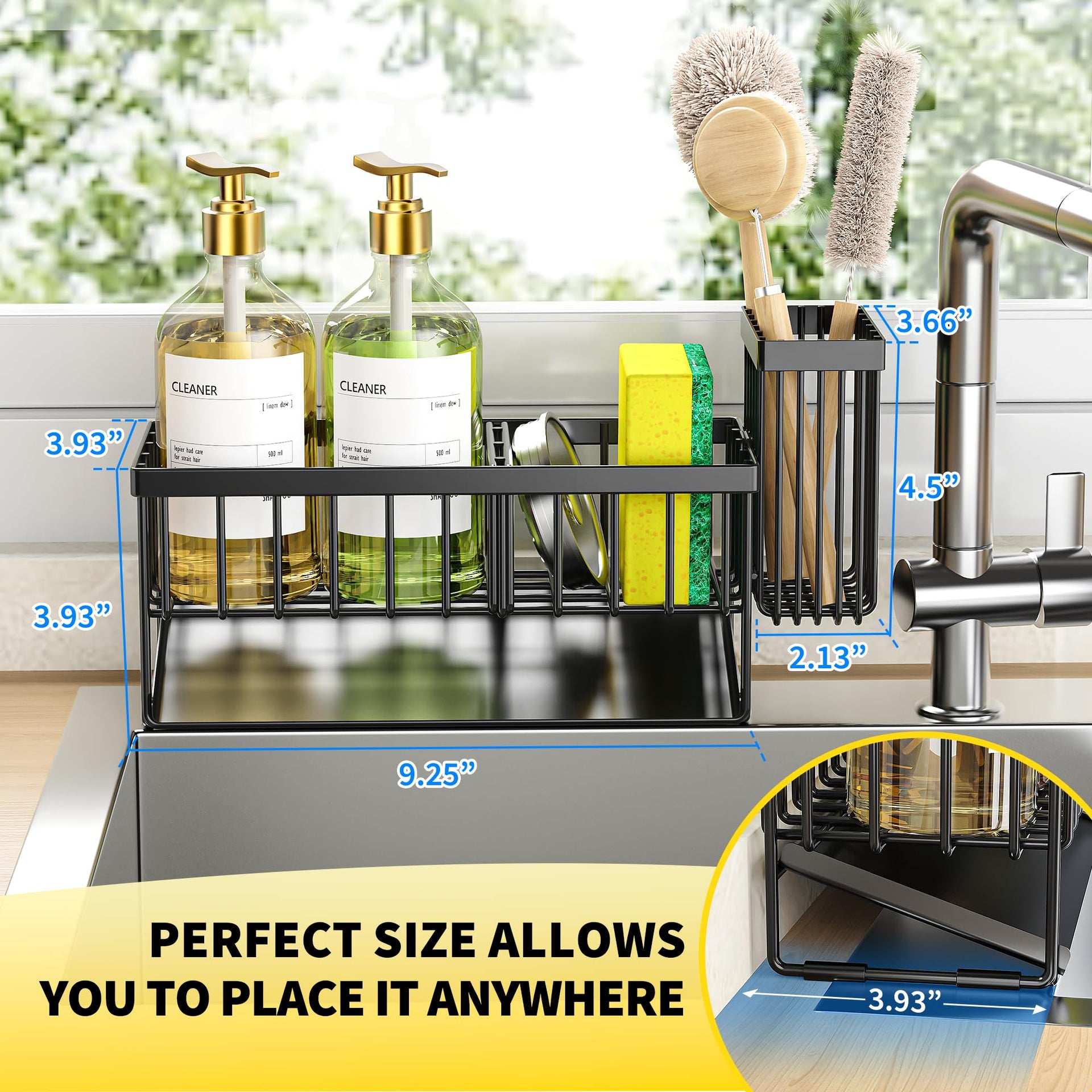 Sink Caddy Sponge Holder for Kitchen with Brush Holder and Stainless Steel Self Drain Tray