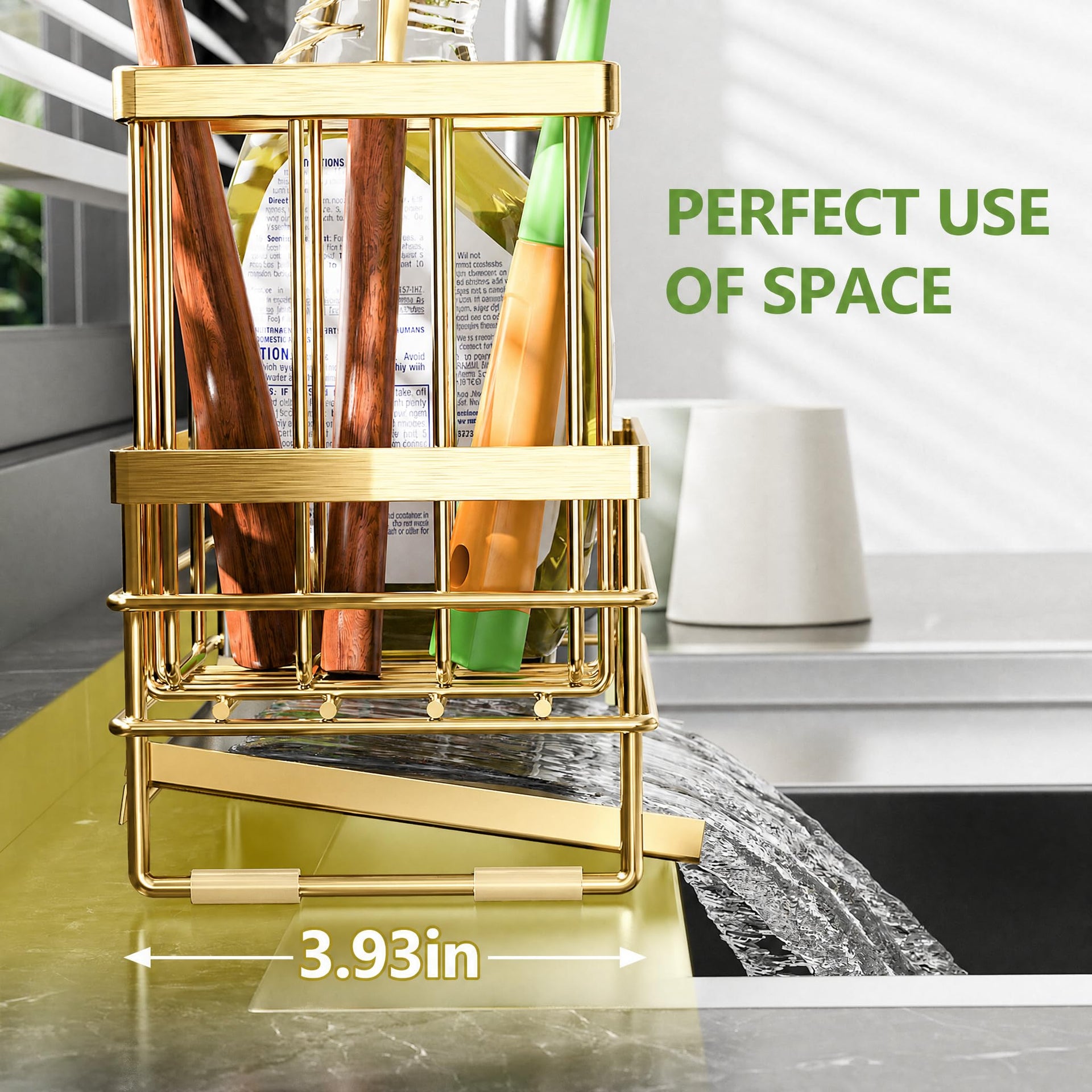 Gold Sink Caddy Sponge Holder for Kitchen with Brush Holder and Stainless Steel Self Drain Tray