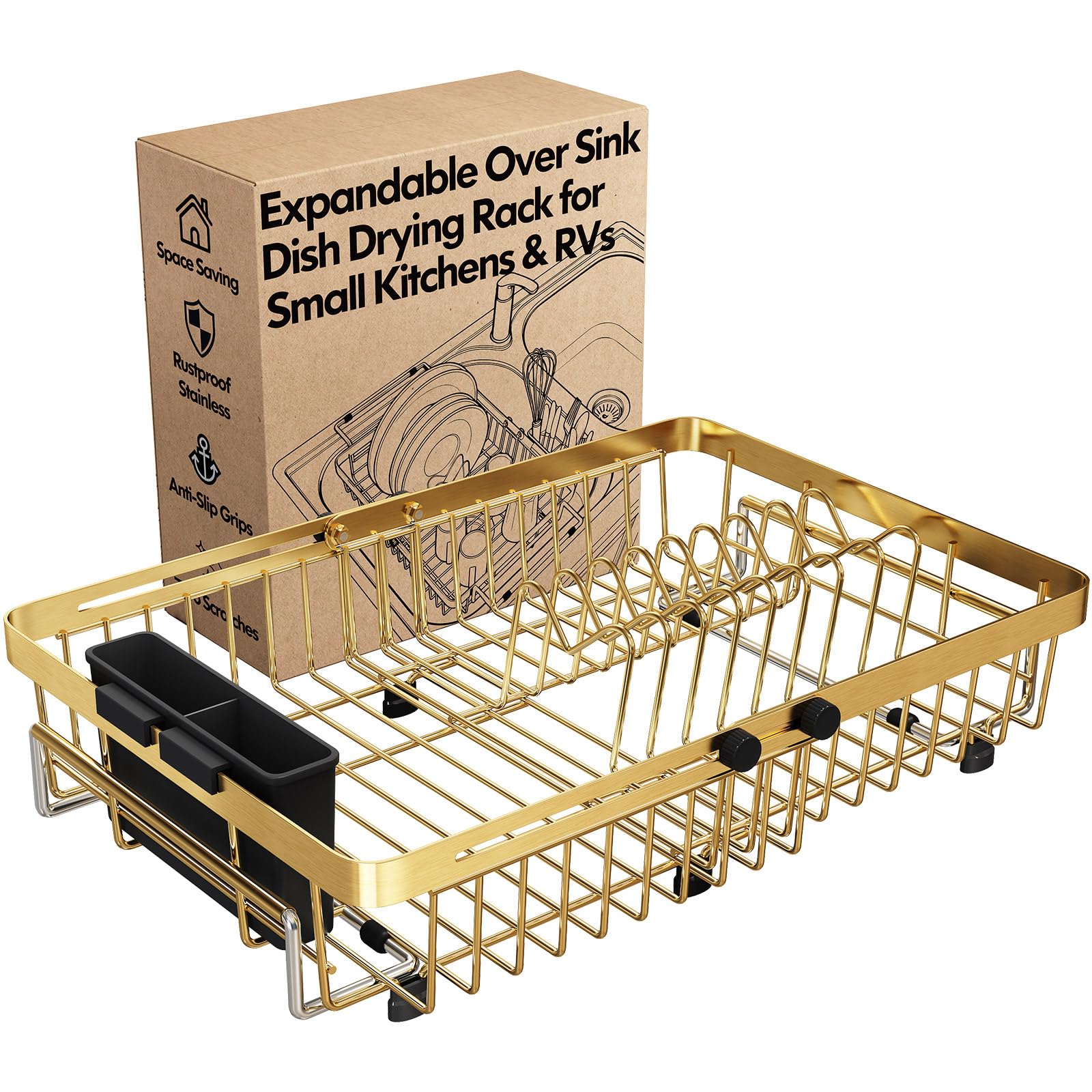 Gold Dish Drying Rack Over The Sink with Utensil Holder