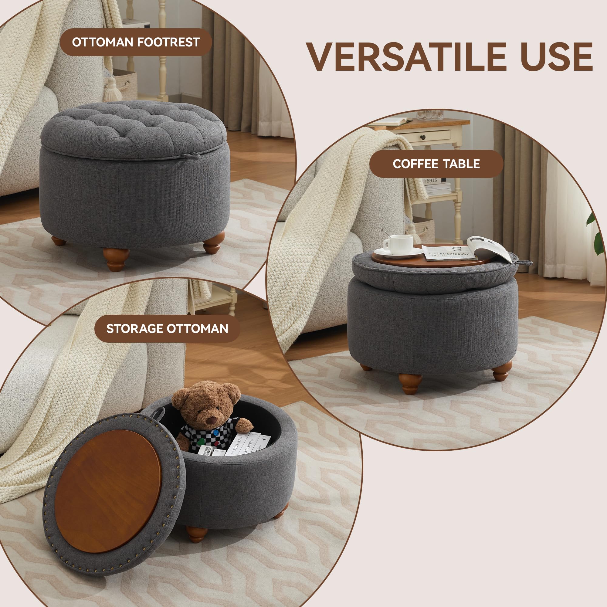 24Inch Round Storage Ottoman with Tray