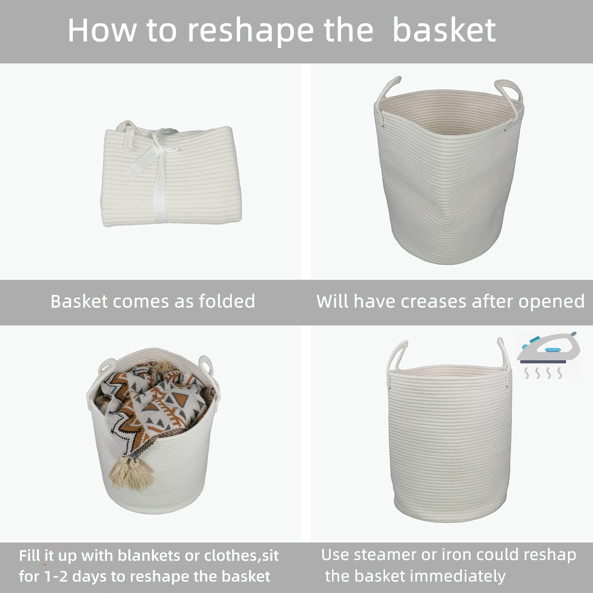 White Cotton Rope Laundry Basket Hamper for Clothes Large