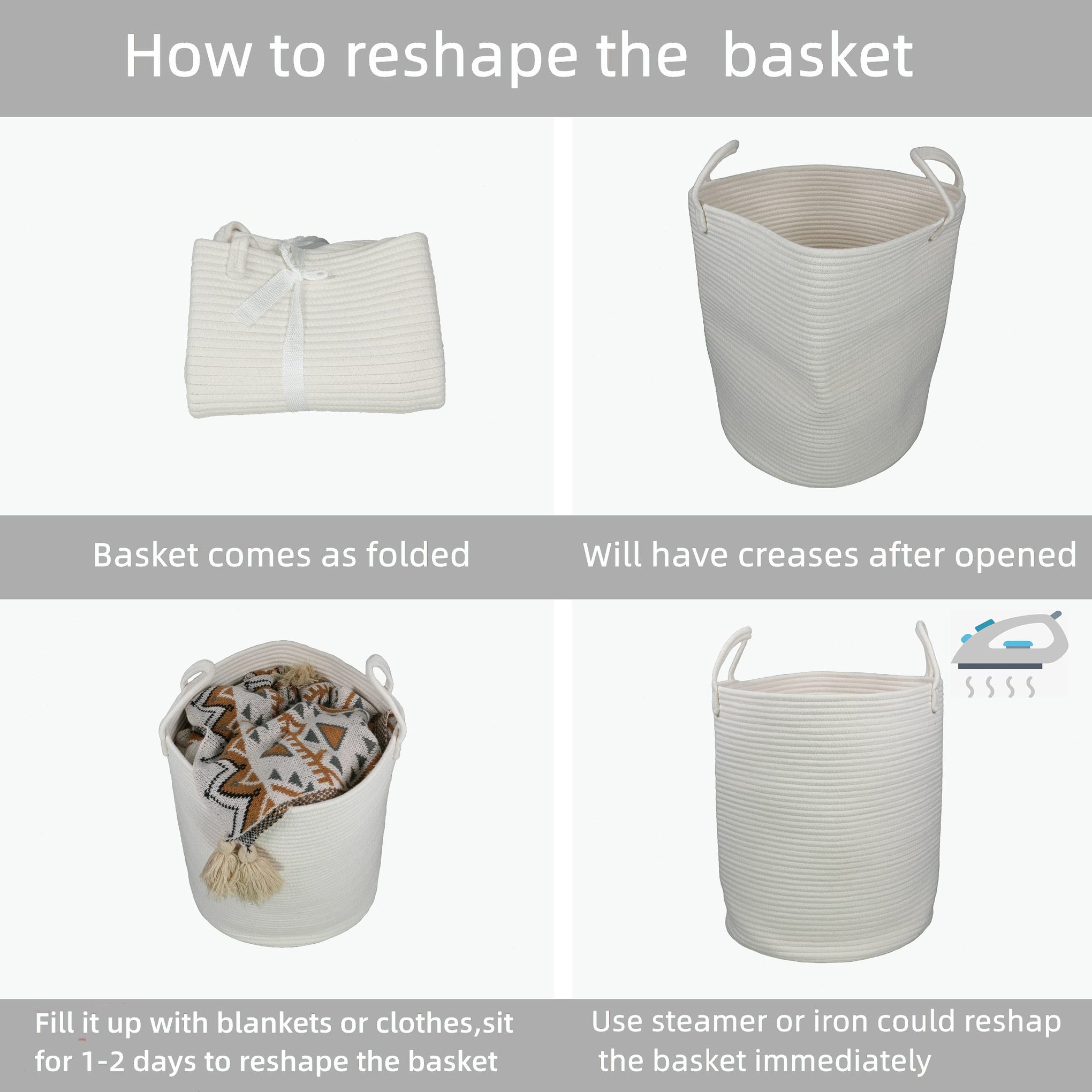 White Cotton Rope Laundry Basket Hamper for Clothes Large