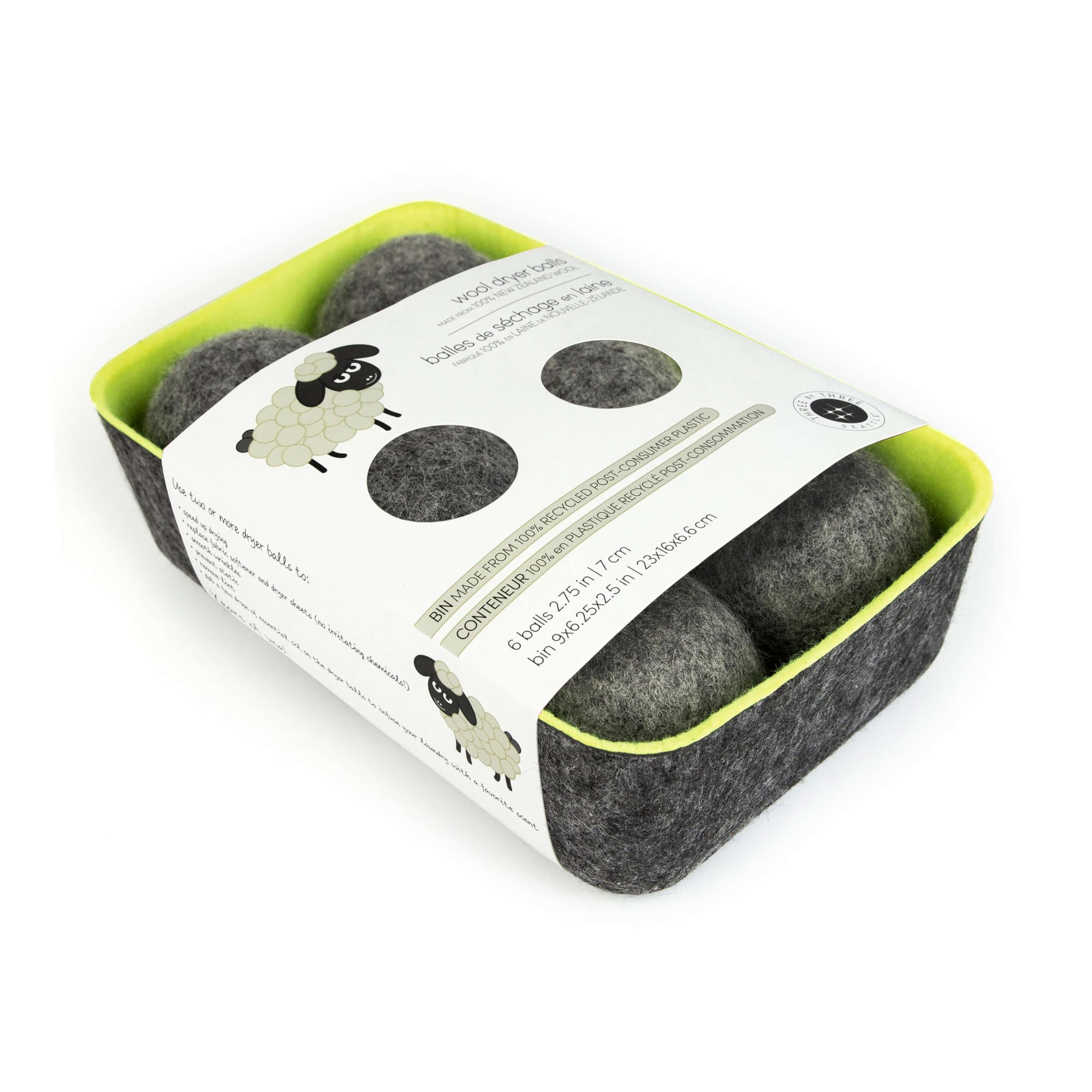 Wool Dryer Balls + Felt Storage Bin (6 Count)