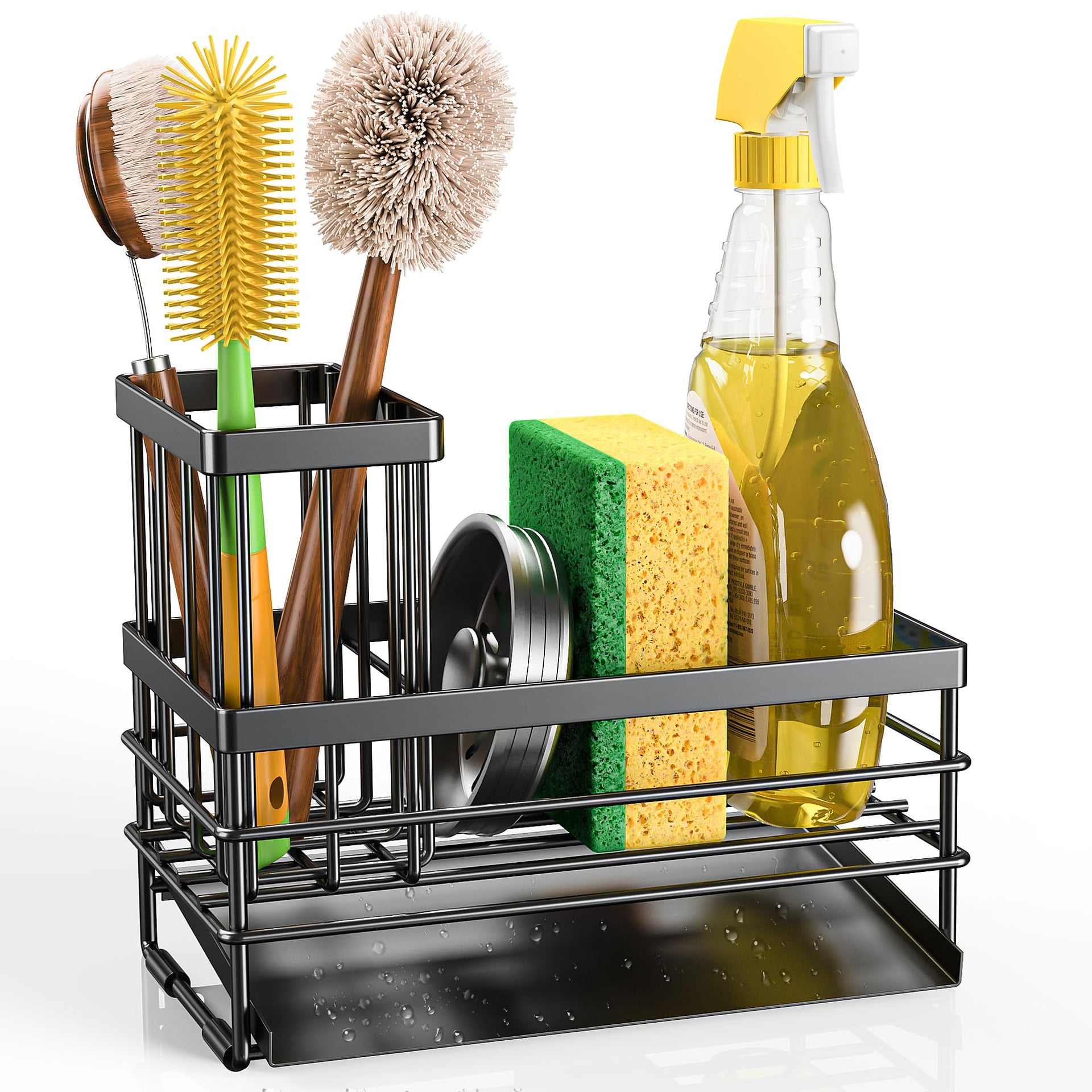 Sink Caddy Sponge Holder for Kitchen with Brush Holder and Stainless Steel Self Drain Tray