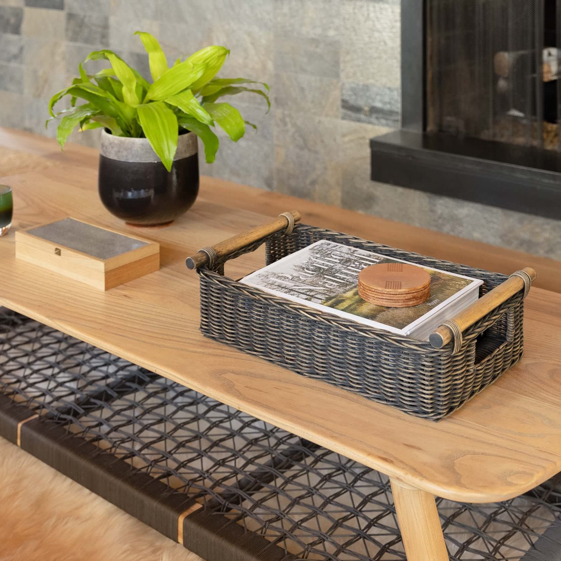 Low Pole Handle Wicker Storage Basket