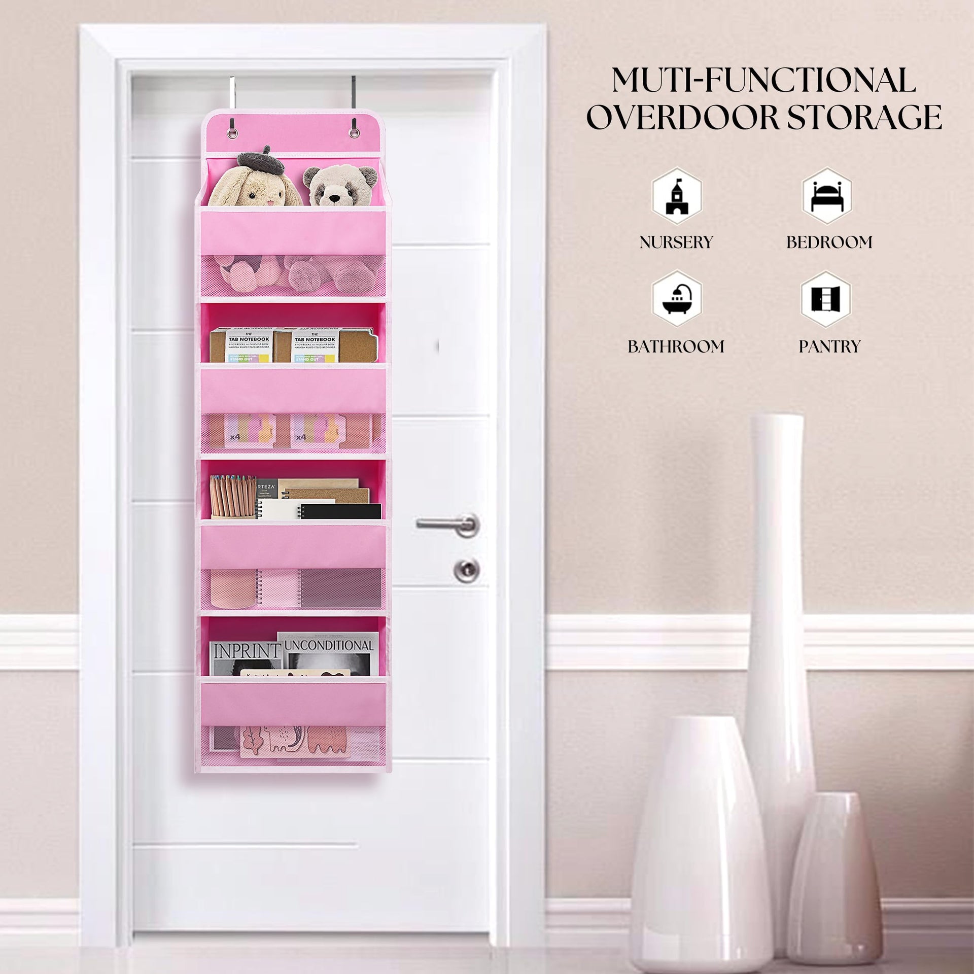 Pink Over Door Organizer with 4 Large Clear Pockets