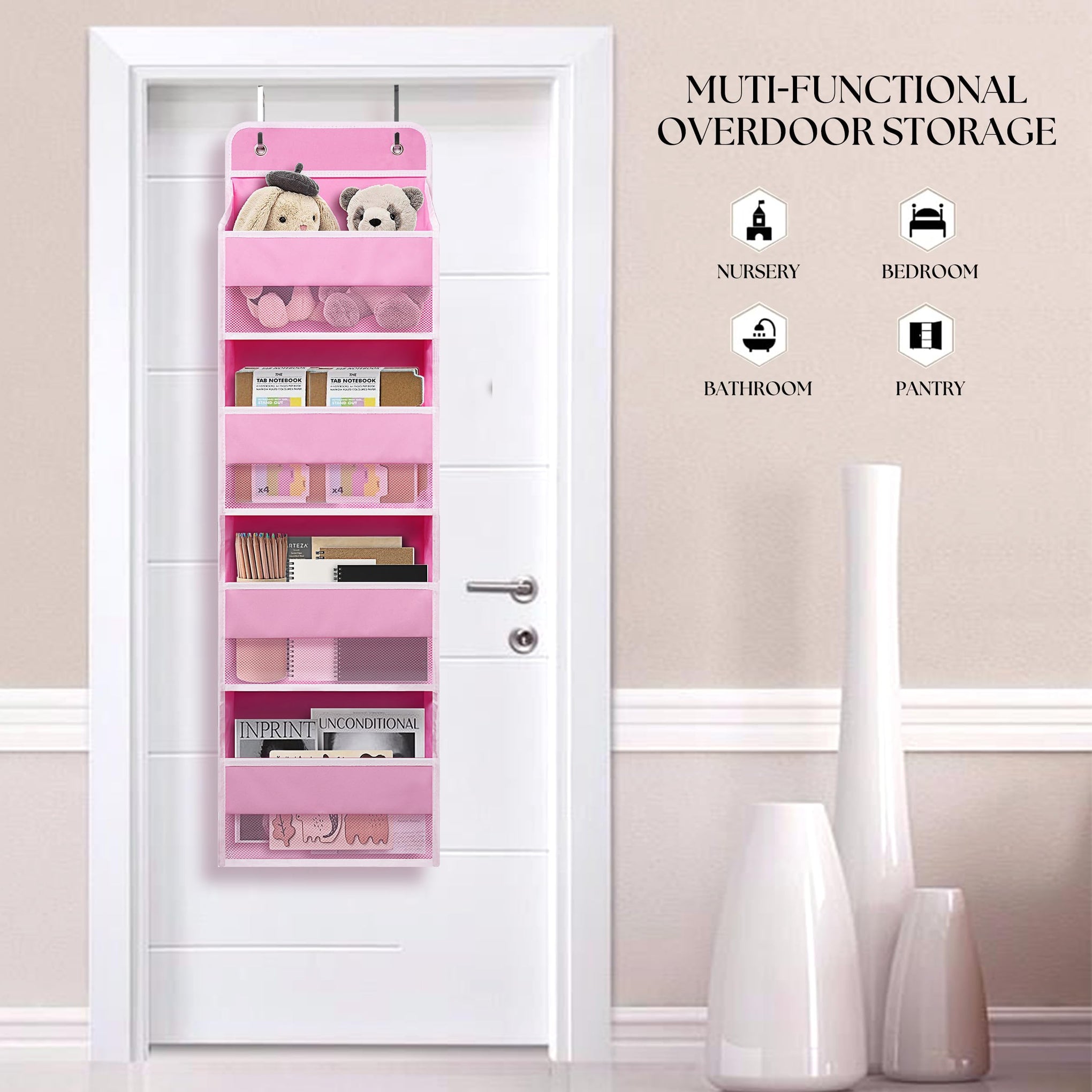 Pink Over Door Organizer with 4 Large Clear Pockets