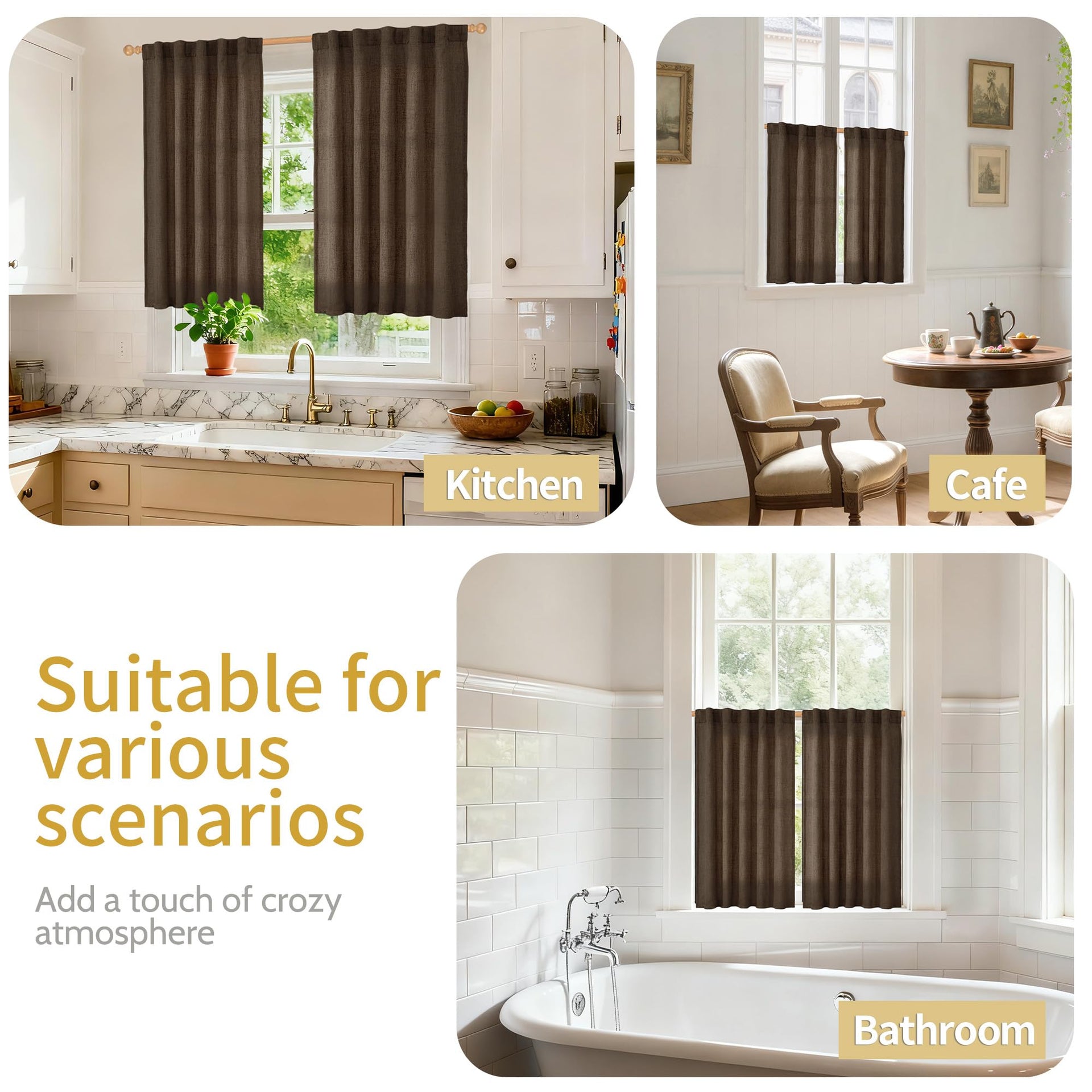 Brown Linen Curtains 40 Inch Length for Small Window (2 Count)