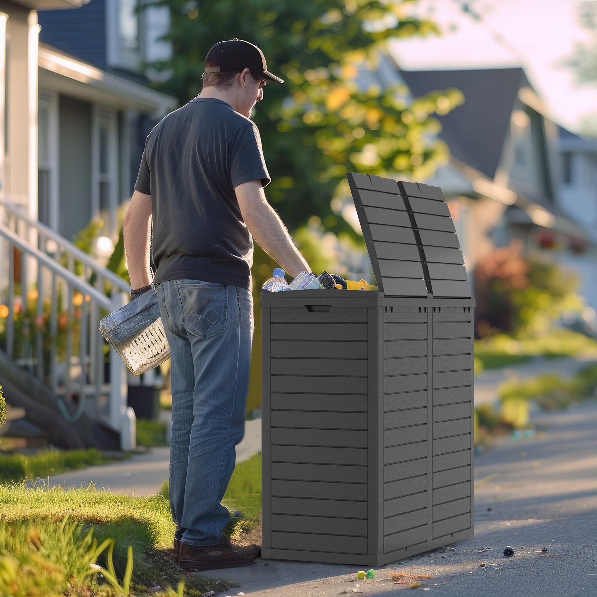 62 Gallon Outdoor Trash Can with Tiered Lid and Drip Tray