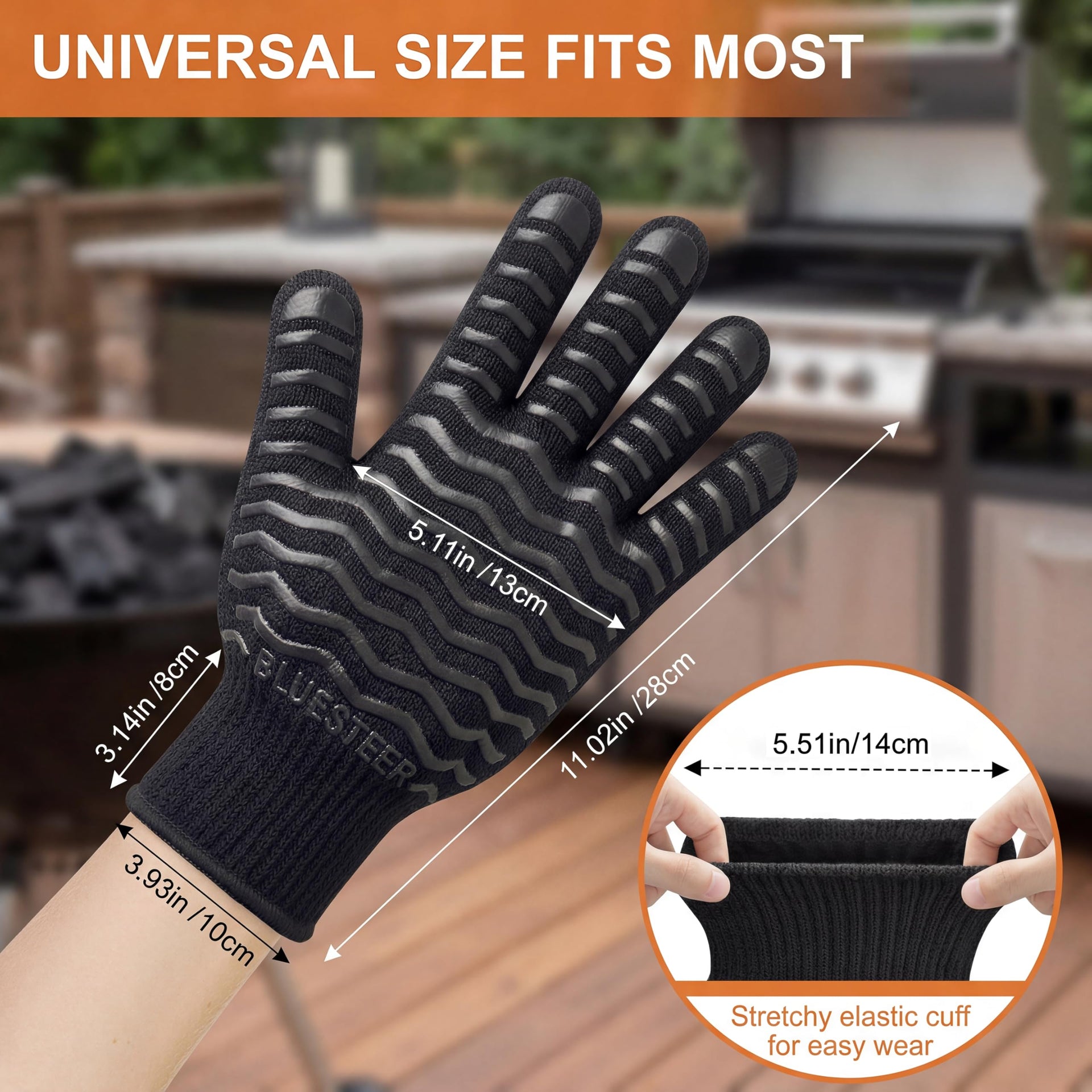 BBQ Gloves 1472°F Heat Resistant Oven Gloves with Fingers Heat Proof Grill Gloves Non (9.6 Ounce)