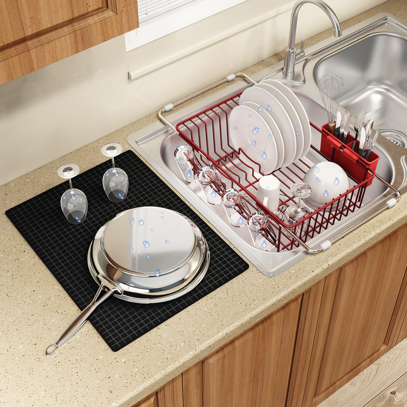 Red Dish Drying Rack Over The Sink with Utensil Holder