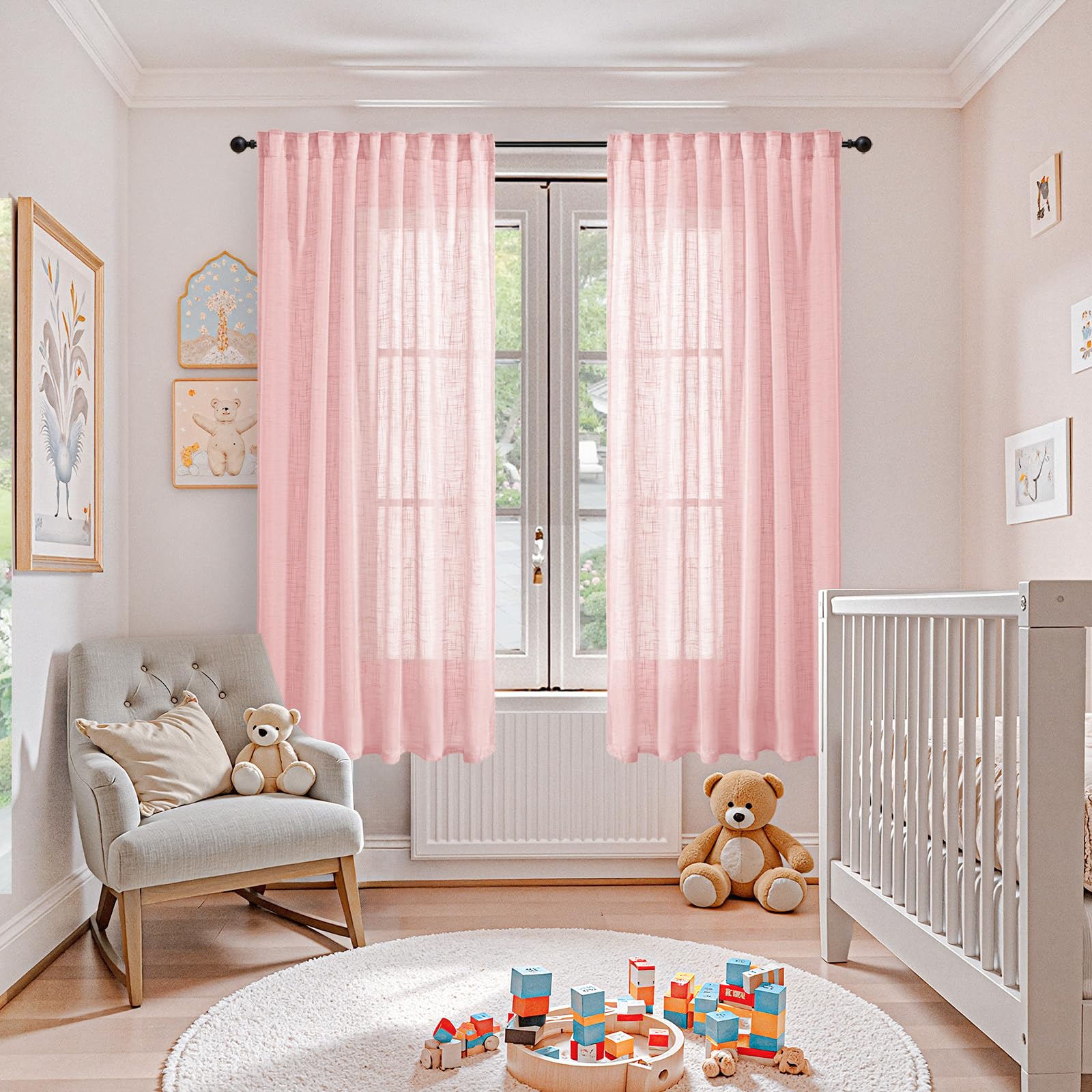 Light Pink Linen Semi Sheer Curtains 63 Inch Length for Living Room (2 Count)