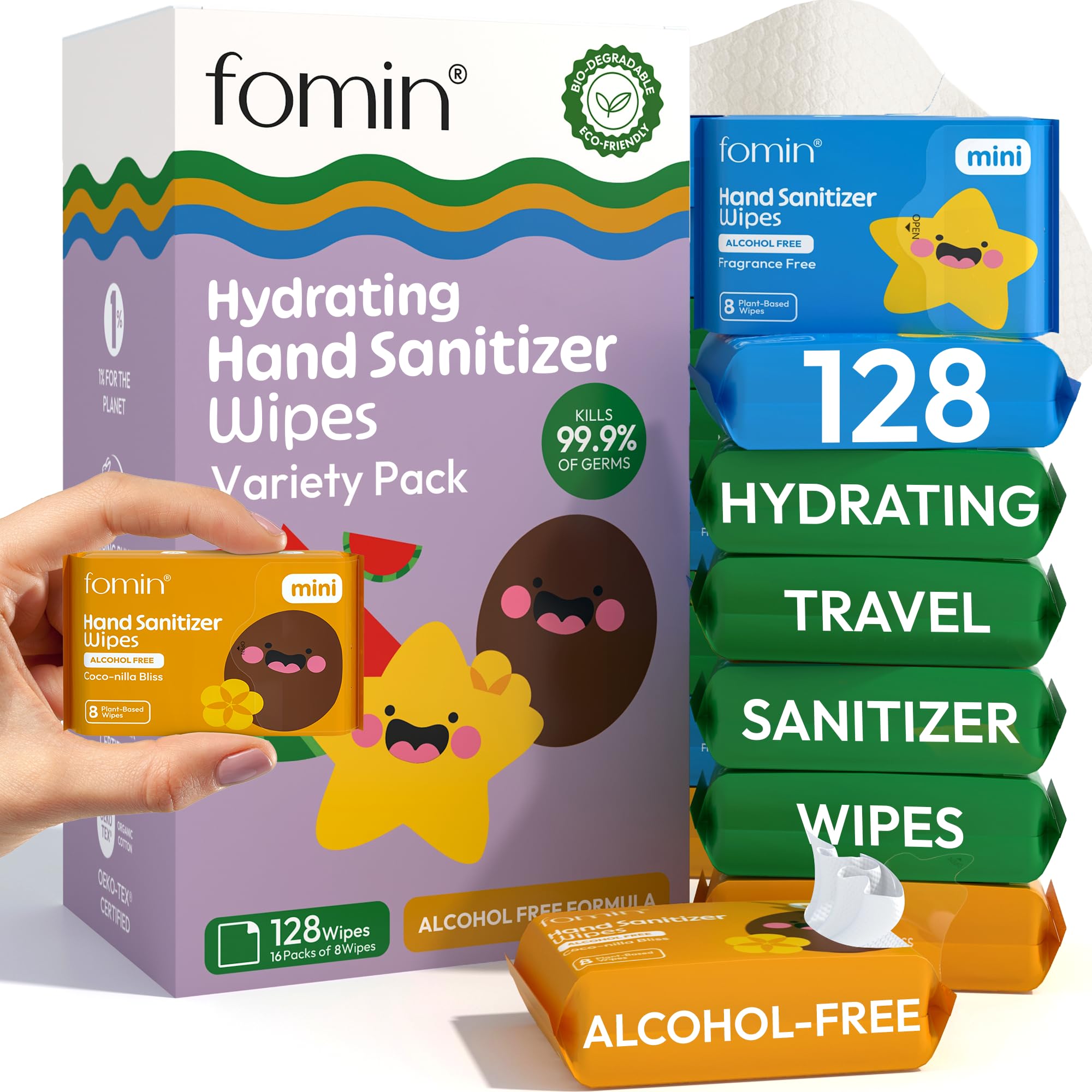 Mini Hand Sanitizer Wipes Travel Size 16 Pack (128 Count)