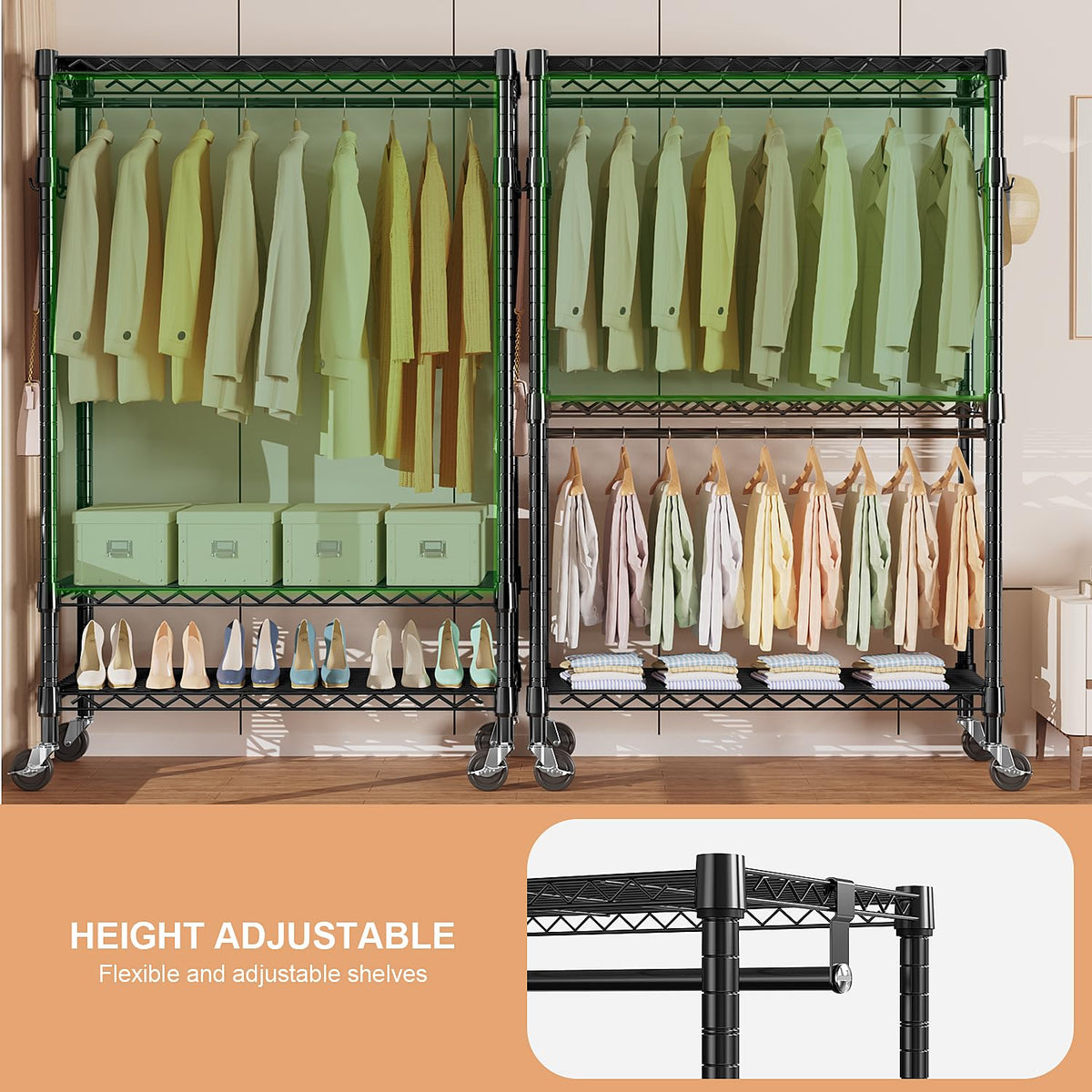 Heavy Duty Rolling Garment Rack 3 Tiers Adjustable Wire Shelving Clothes Rack with 2 Rods and Side Hooks