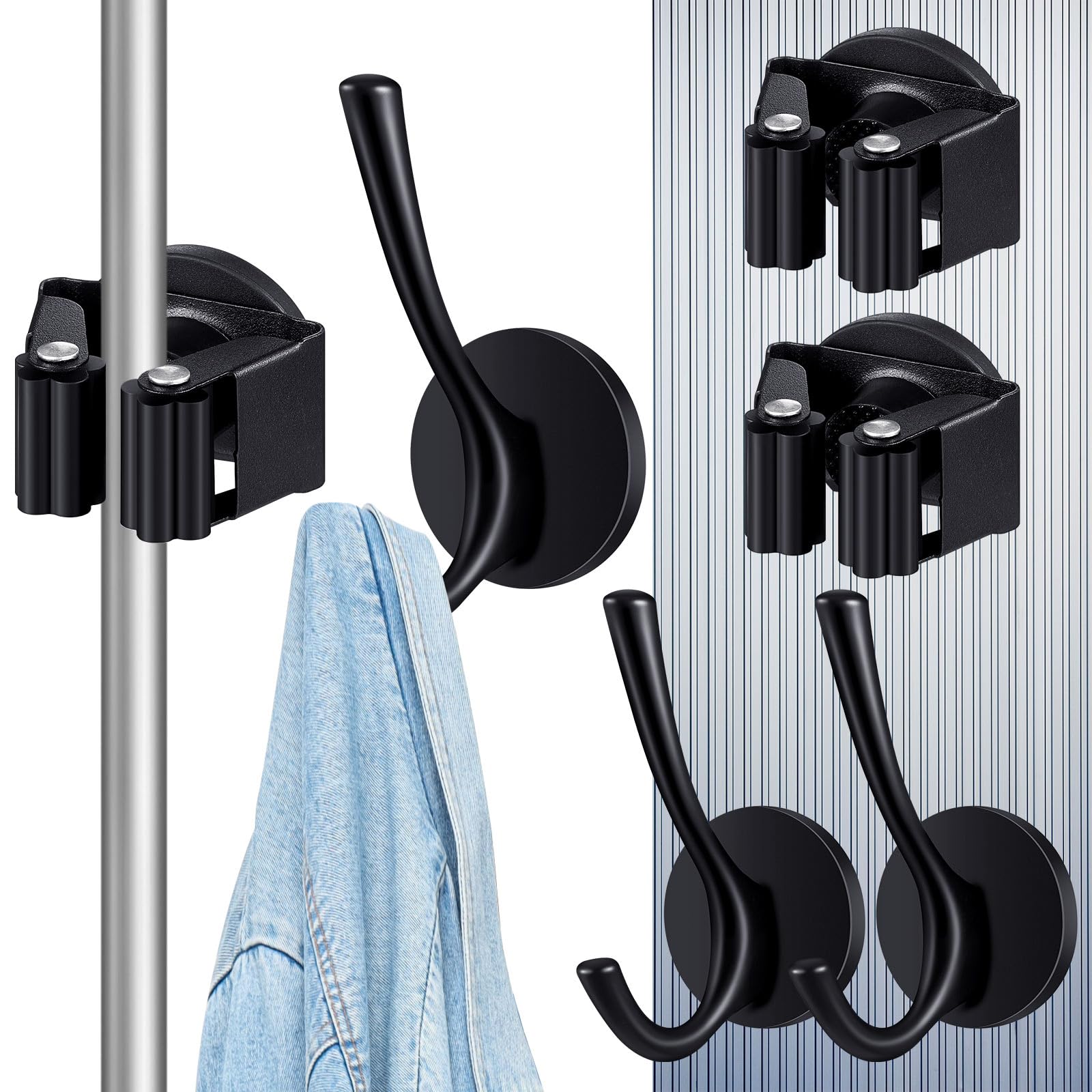 4 Pcs Magnetic Double Hooks Magnetic Coat Hooks Magnetic Mop Broom Holder Movable Magnetic Broom Holder Rack for Garage Kitchen Laundry Garden