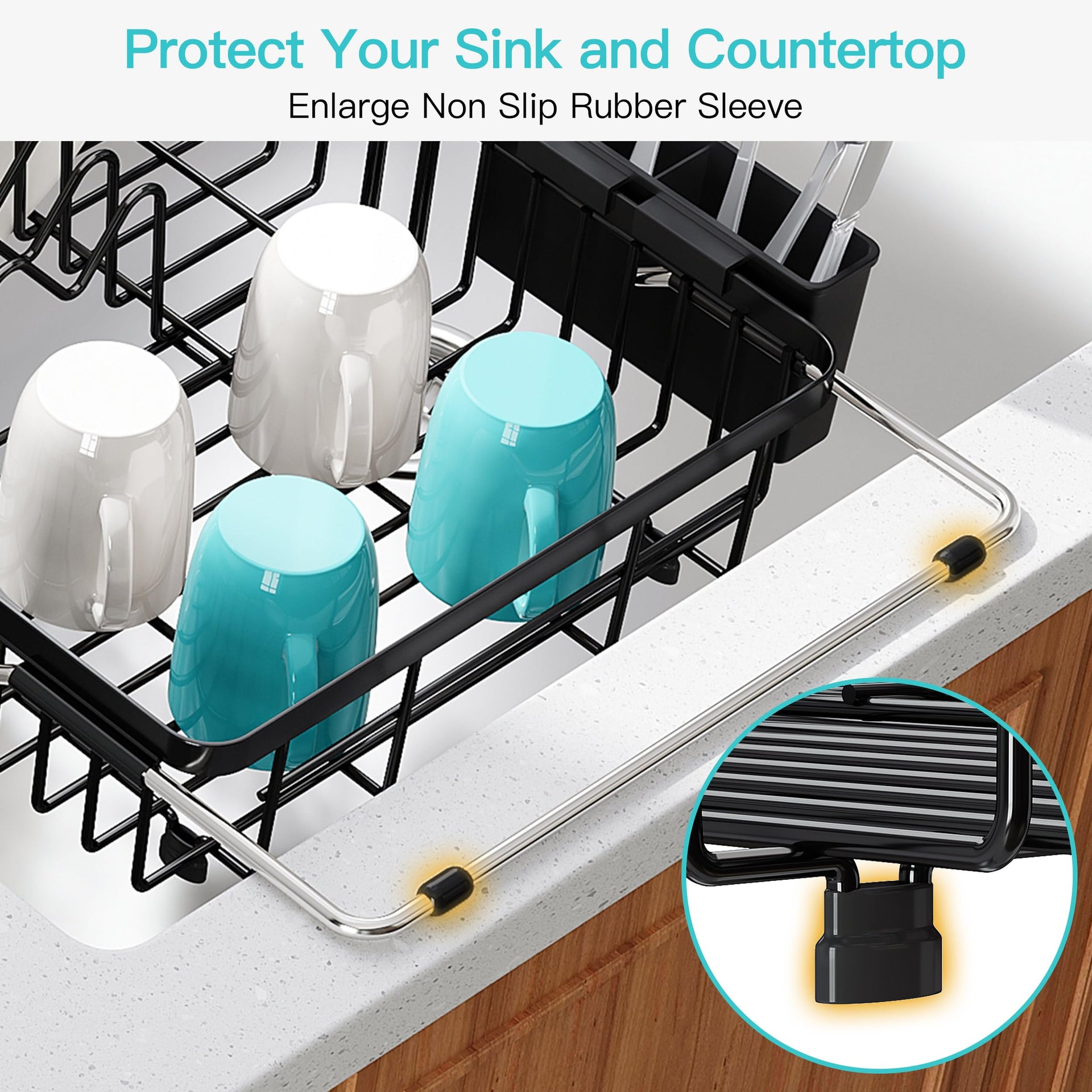 Black Dish Drying Rack Over the Sink with Utensil Holder