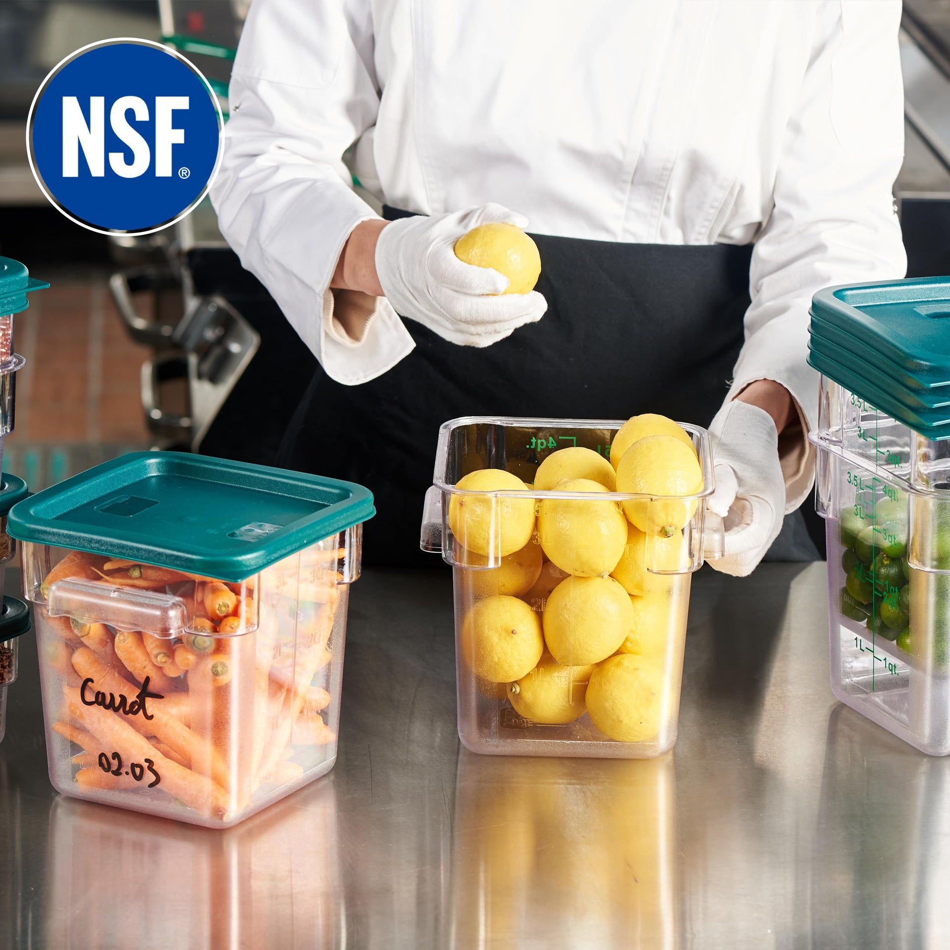 8 Pack 4 Qt NSF Clear Polycarbonate Food Storage Containers with Green Lids (8 Count)