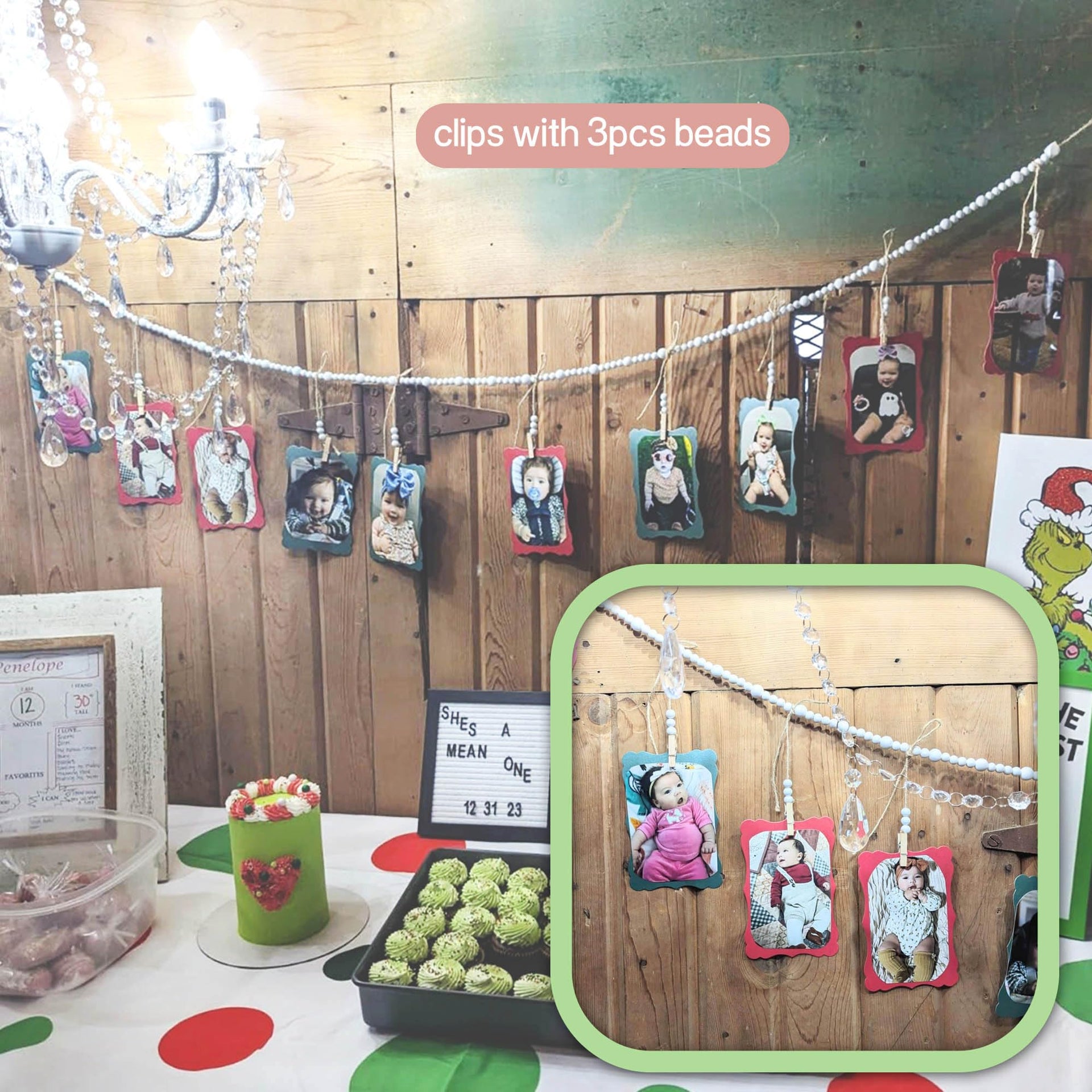 4 Feet Wooden Beads Garland with Clothespins Picture Cards Holder (4 Foot)