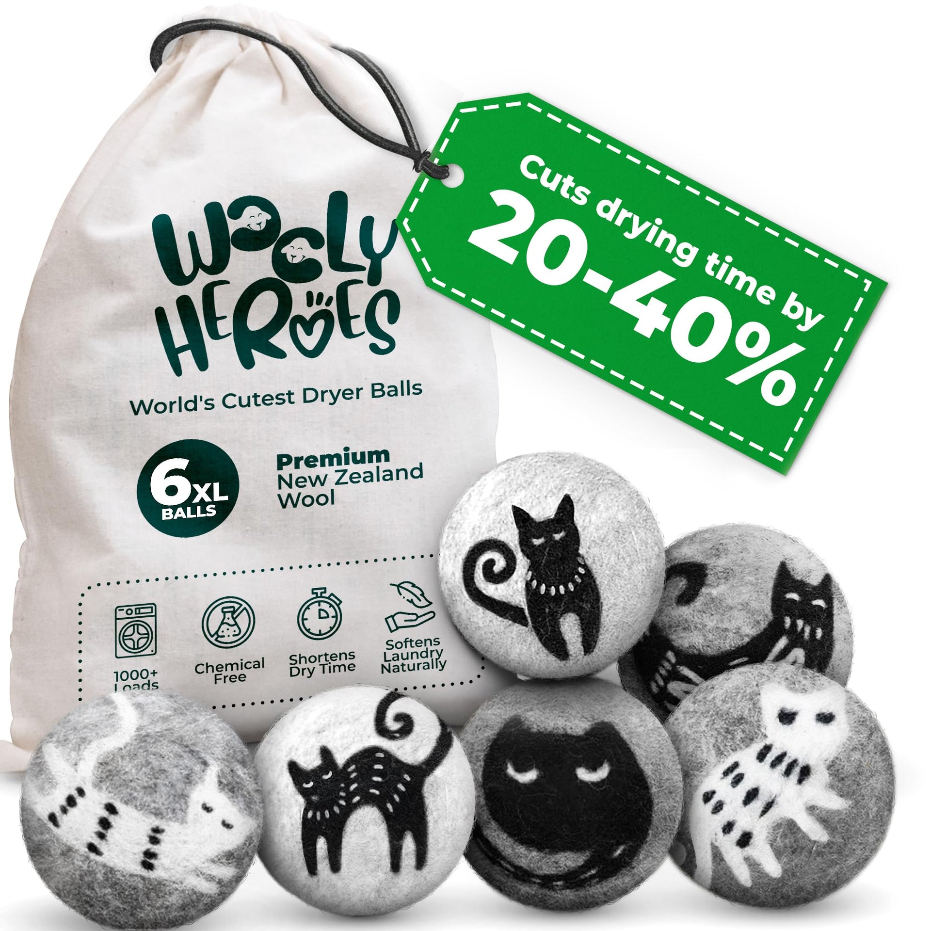 Chemical Free & Baby Safe! Reusable Wool Dryer Balls XL 6 (6 Count)