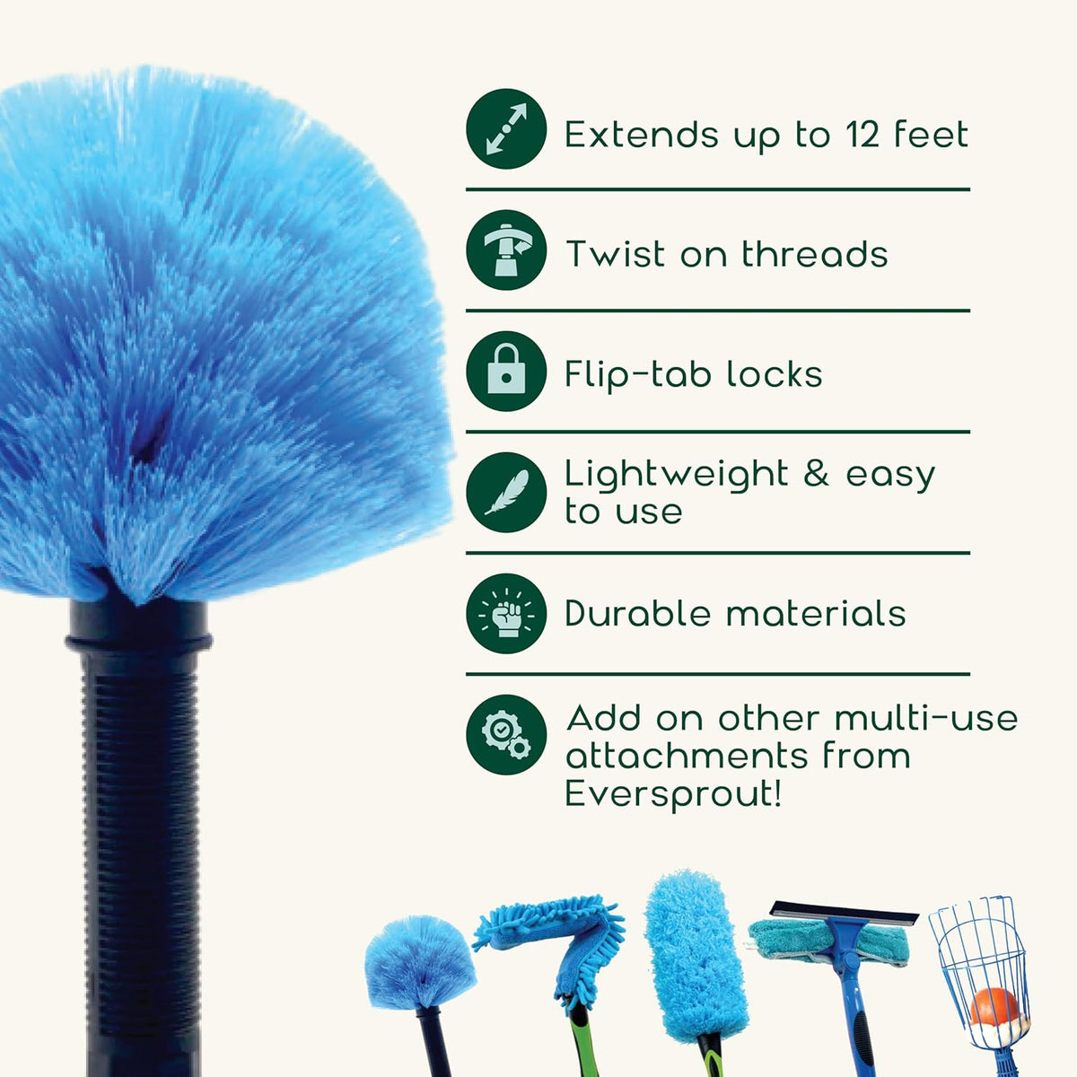 EVERSPROUT 5-to-12ft Telescoping Durable Duster with Extension Pole – Lightweight 3 Stage Cobweb Duster – Extendable to 20ft Reach for Cleaning High Ceilings and Spider Webs