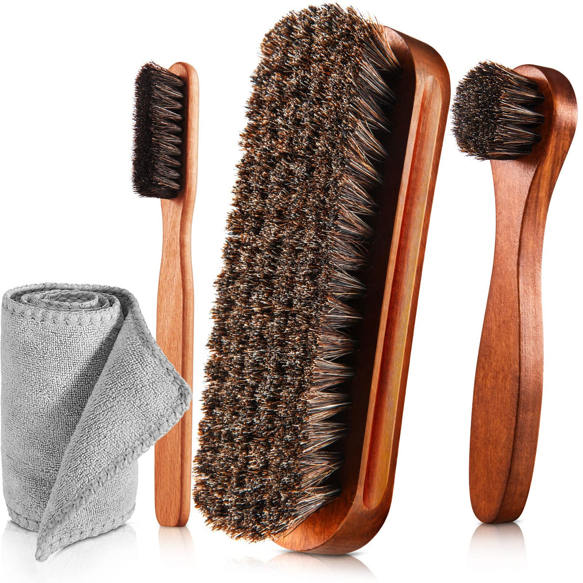 4 Pcs Horsehair Shine Shoes Brush Kit Polish Dauber Applicators Cleaning Leather Shoes Boots Care Brushes Suede Cleaner Brush with Microfiber Shoe Cloth (3 Count)
