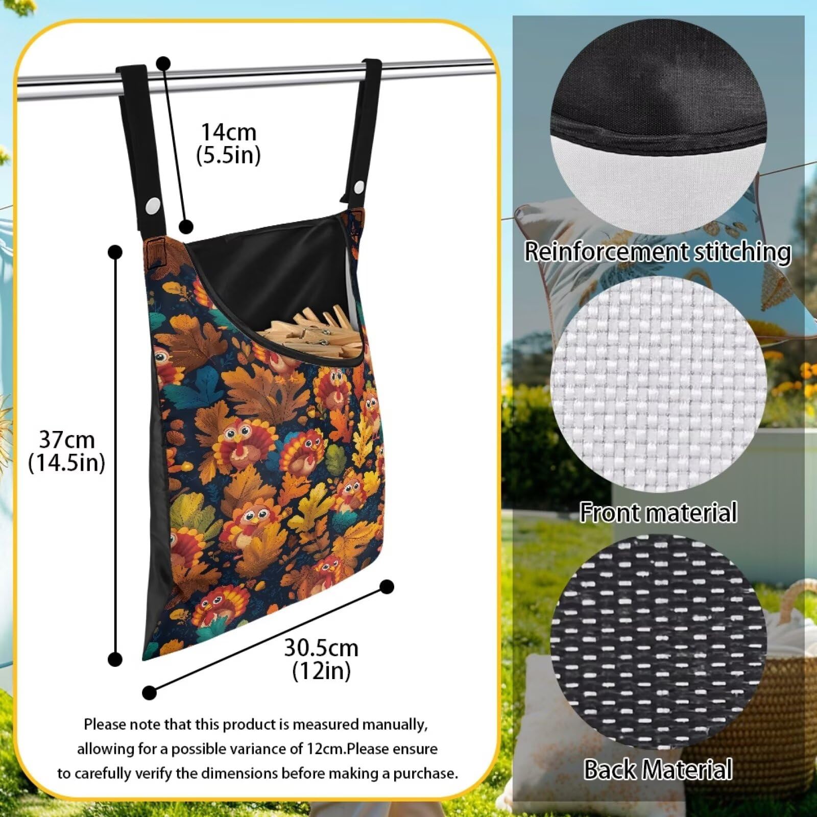 Turkey Clothespin Bag with Hanging Hook Maple Leaf Clothes Pin Holder Waterproof Clothespin Storage Organizer with Large Opening Clothespin Bag for Clothesline Outdoor