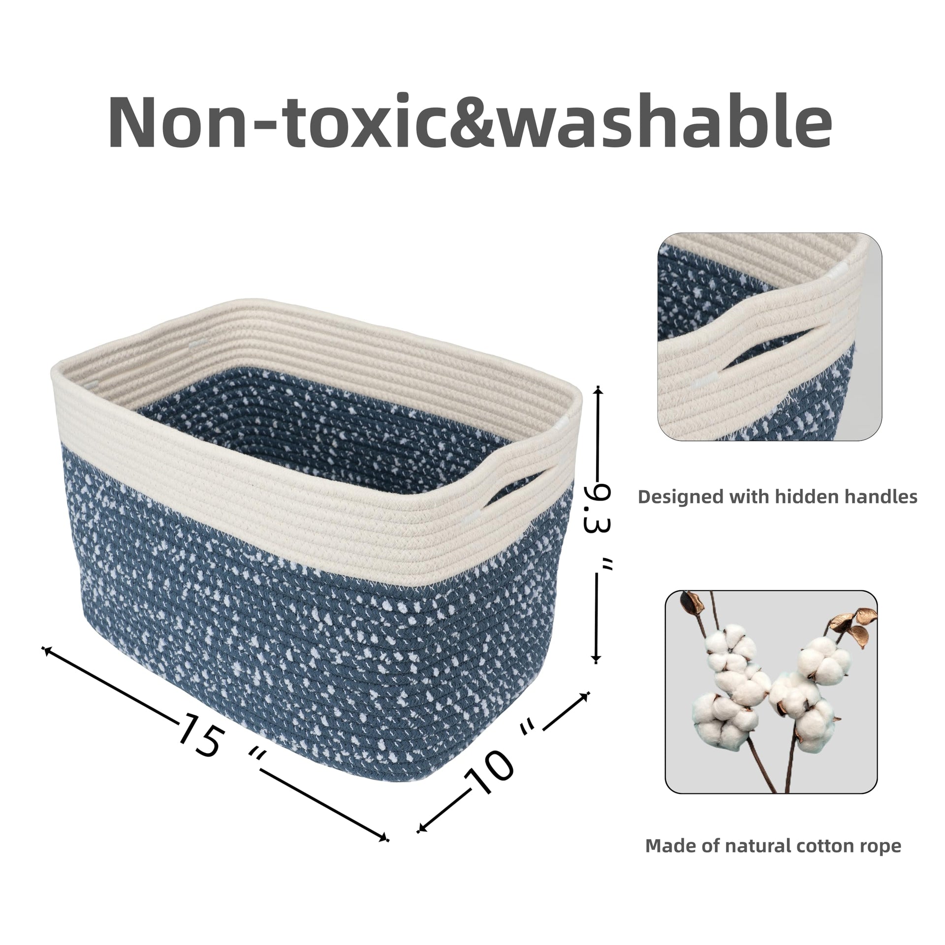 Woven Cotton Rope Storage Baskets 15x10x9.3" 3 Pack White and Blue