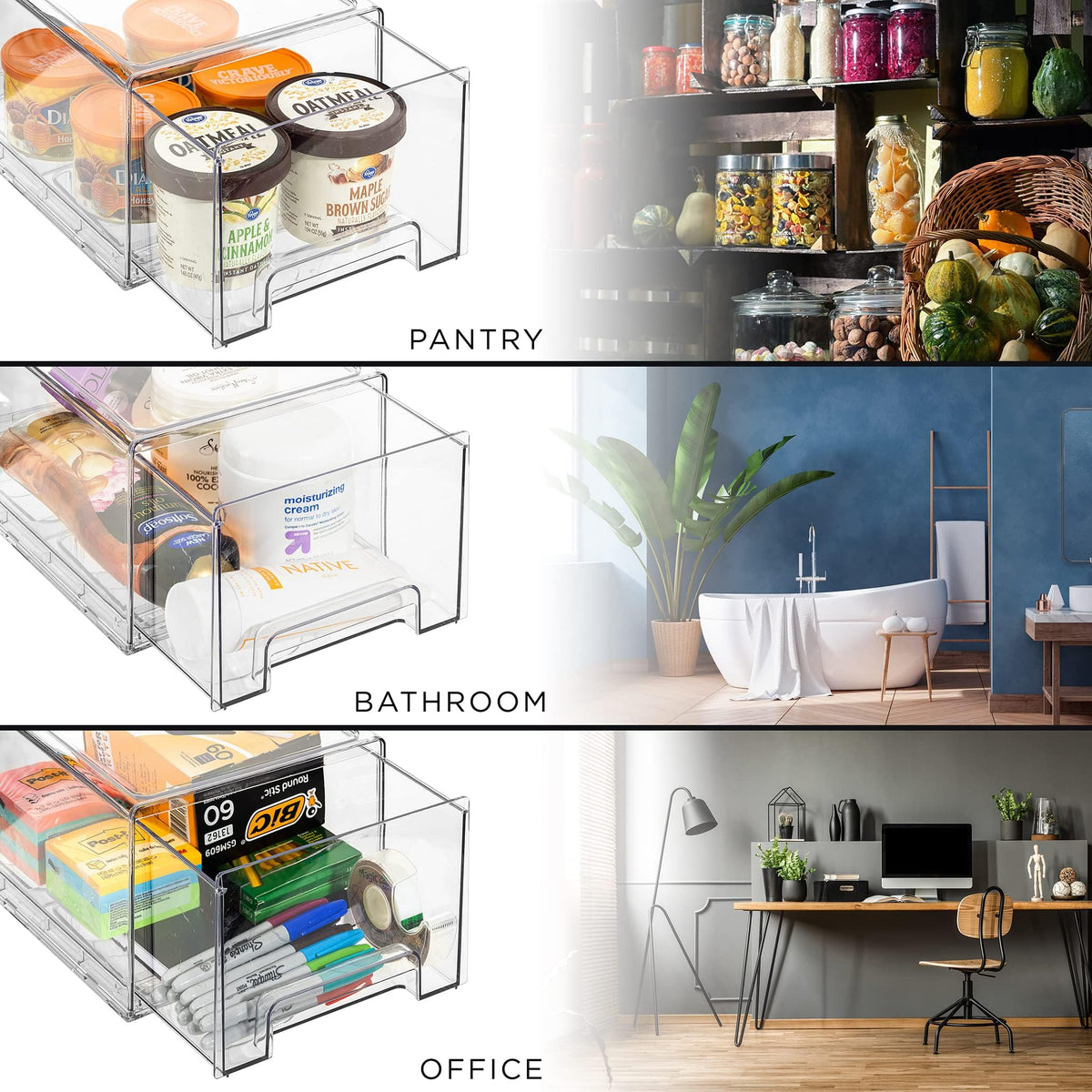 Plastic Storage Bins Stackable Clear Pantry Organizer Box Bin for Organizing Kitchen Fridge (4 Count)