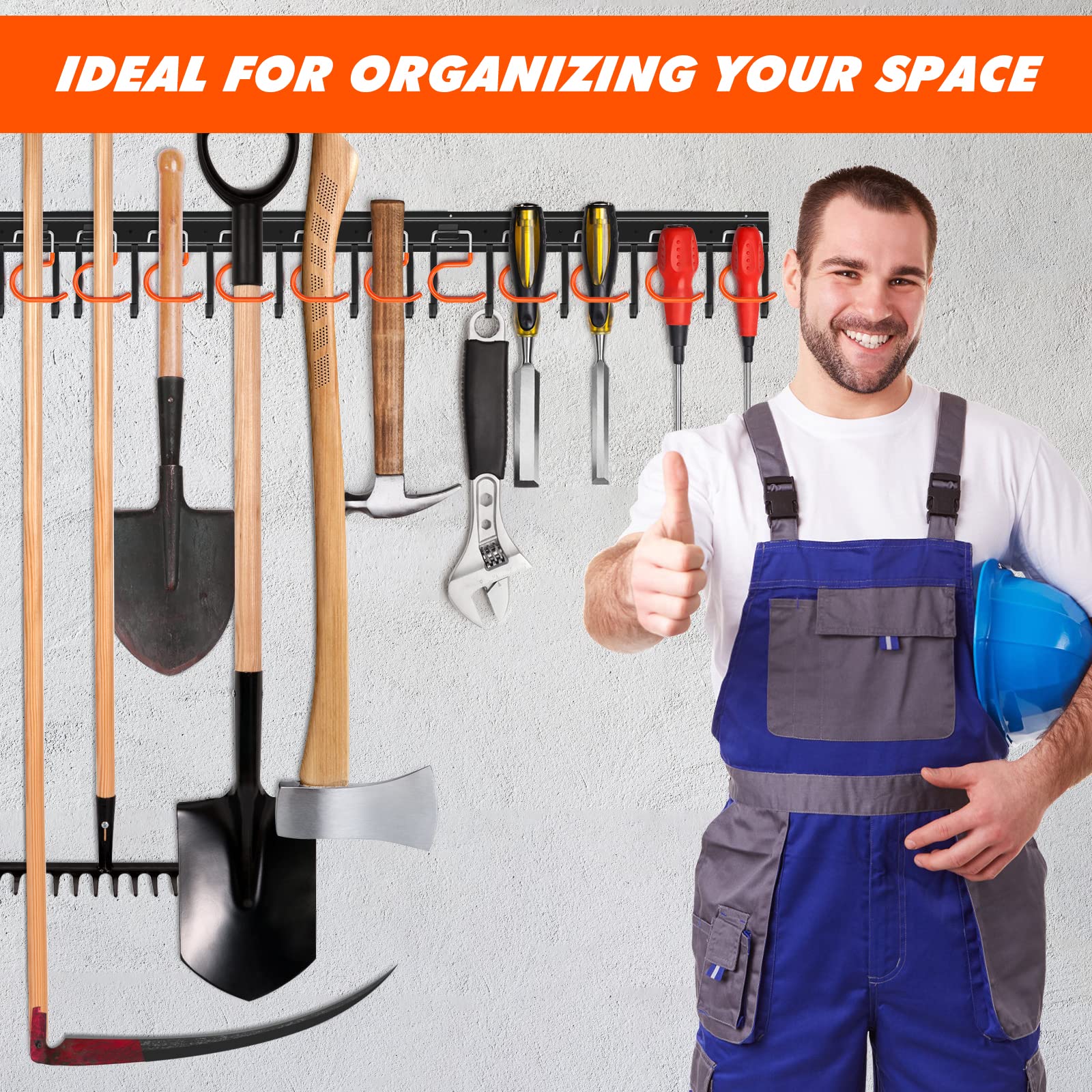 51'' All Metal Garden Tool Organizer Adjustable Garage Tool Organizer Wall Mount Garage Organizers and Storage with Heavy Duty Hooks Tool Hangers for Garage Wall