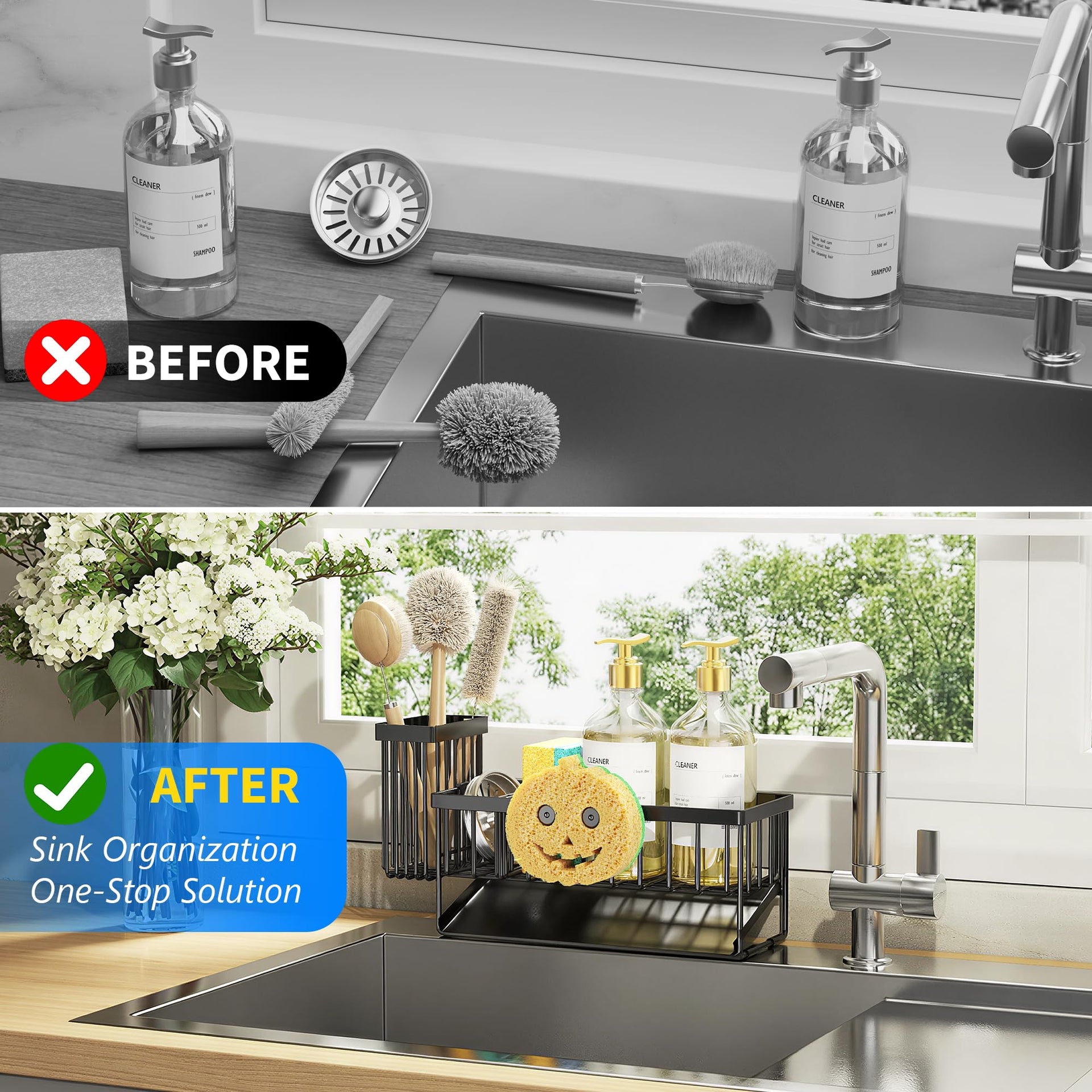 Kitchen Sink Caddy Organzier with High Brush Holder