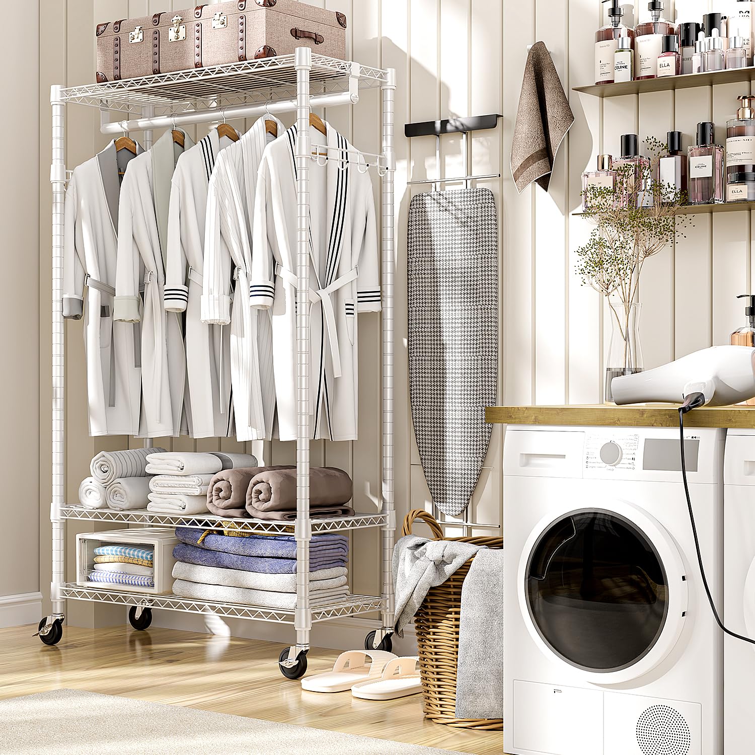 Heavy Duty Rolling Garment Rack 3 Tiers Adjustable Wire Shelving Clothes Rack with Rods and Side Hooks