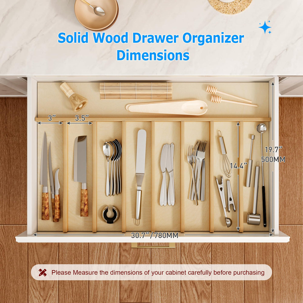 Solid Birch Wood Silverware Drawer Organizer