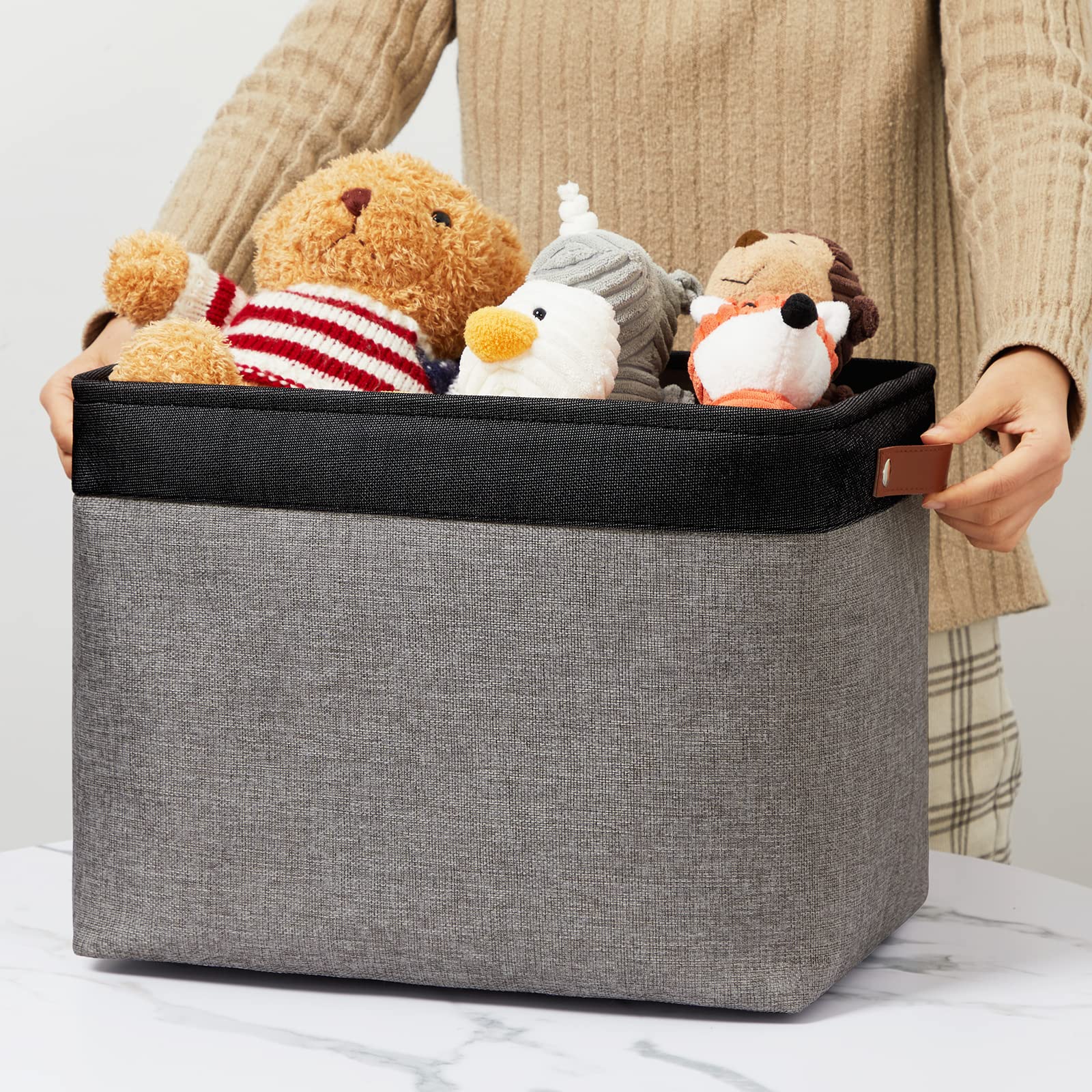 Storage Bins 16"x12"x12" With Leather Handles for Organizing (2 Count)